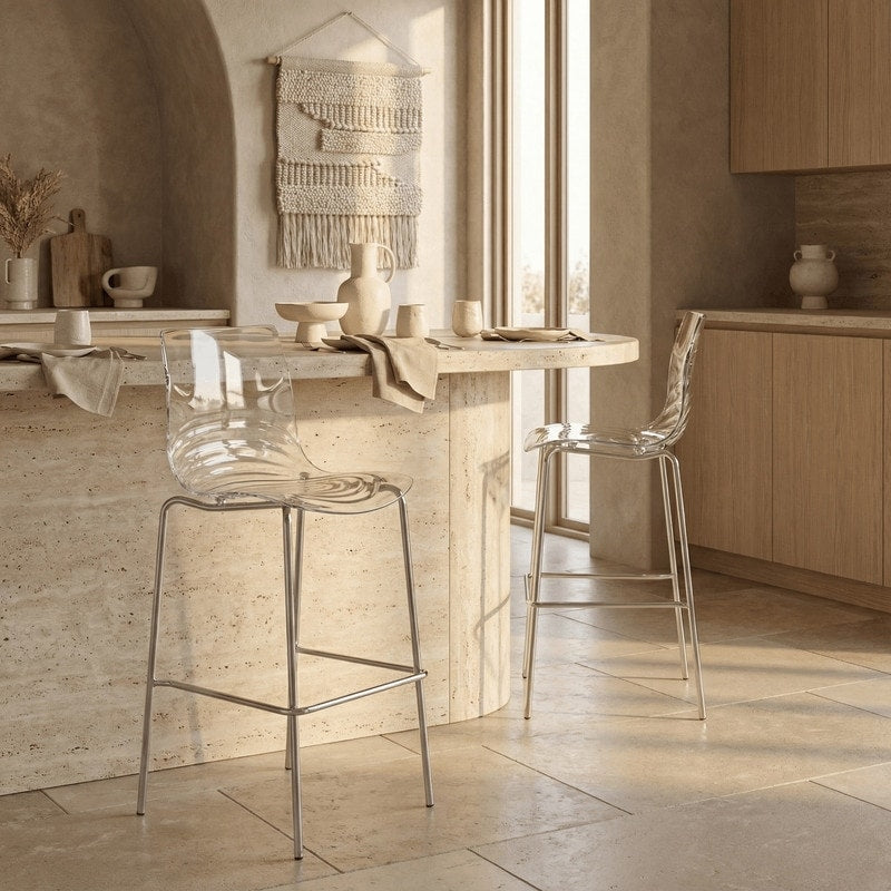 Astor Modern Plastic Bar Stool Chrome Steel Base Counter Stool With Ripple Swirl Seat Design And Footrest