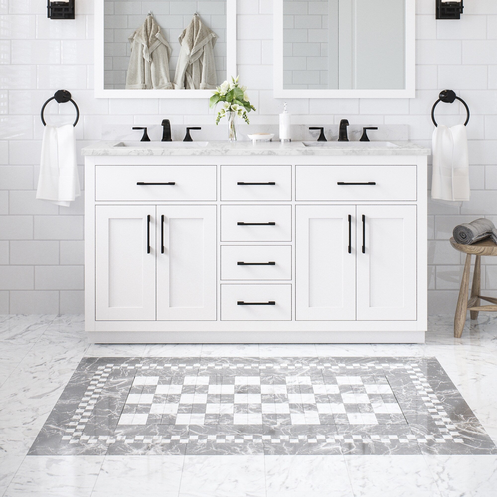 Ove Decors Athea 60 In. Vanity White Finish Black Hardware Power Bar