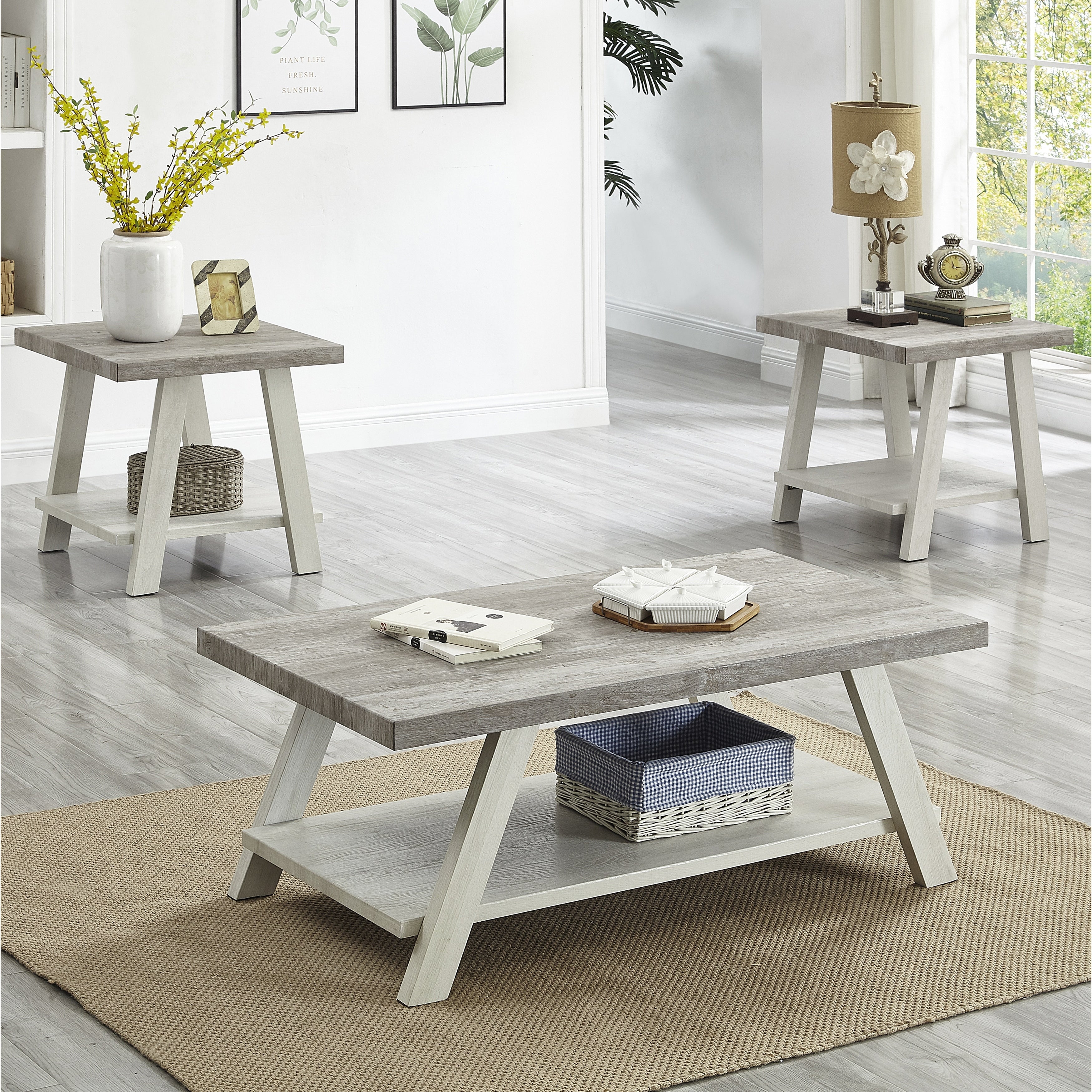 Athens Contemporary 3 Piece Wood Shelf Coffee Table Set In Weathered Gray And Beige