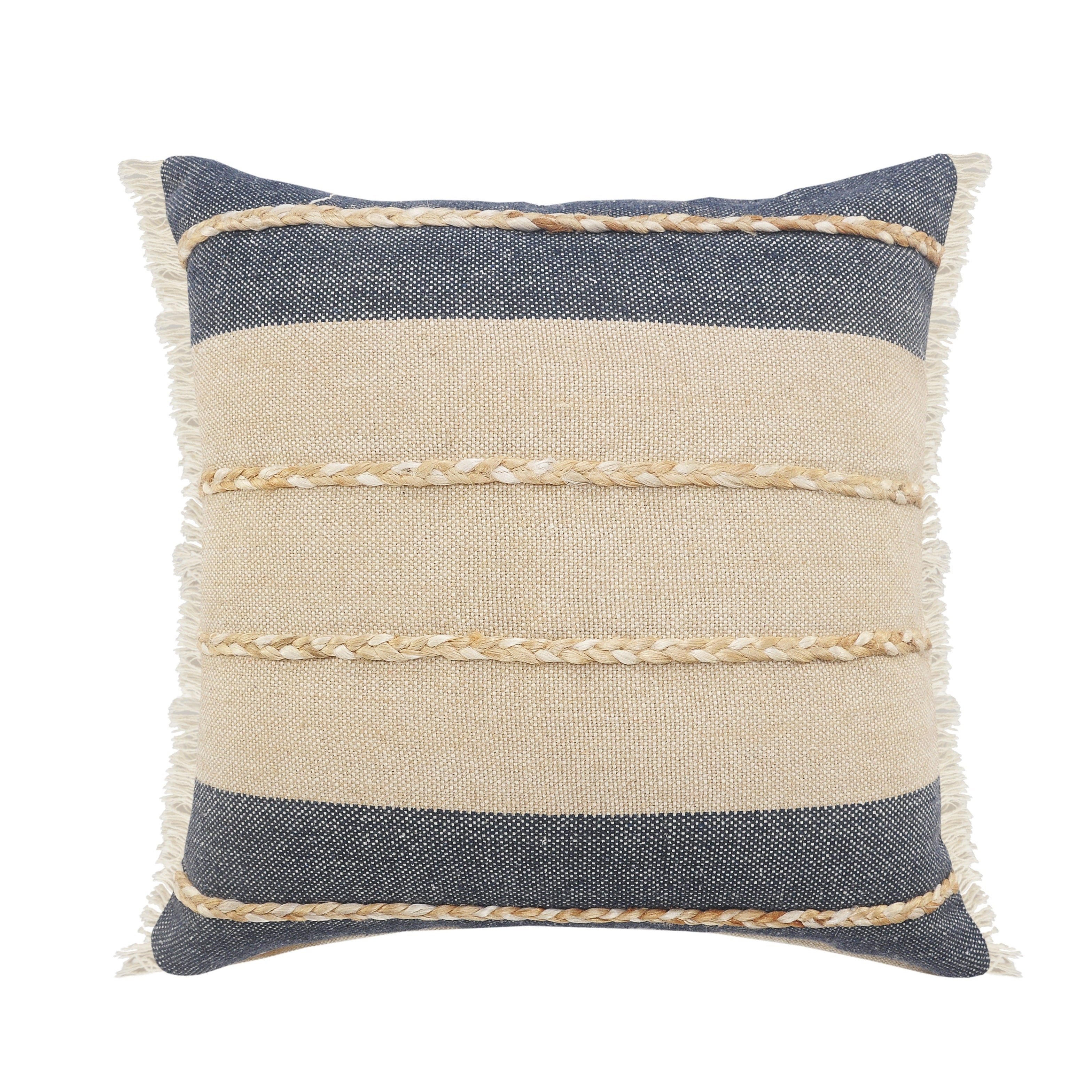 Atlantis Denim Blue And Taupe Throw Pillow With Jute Braiding And Fringe