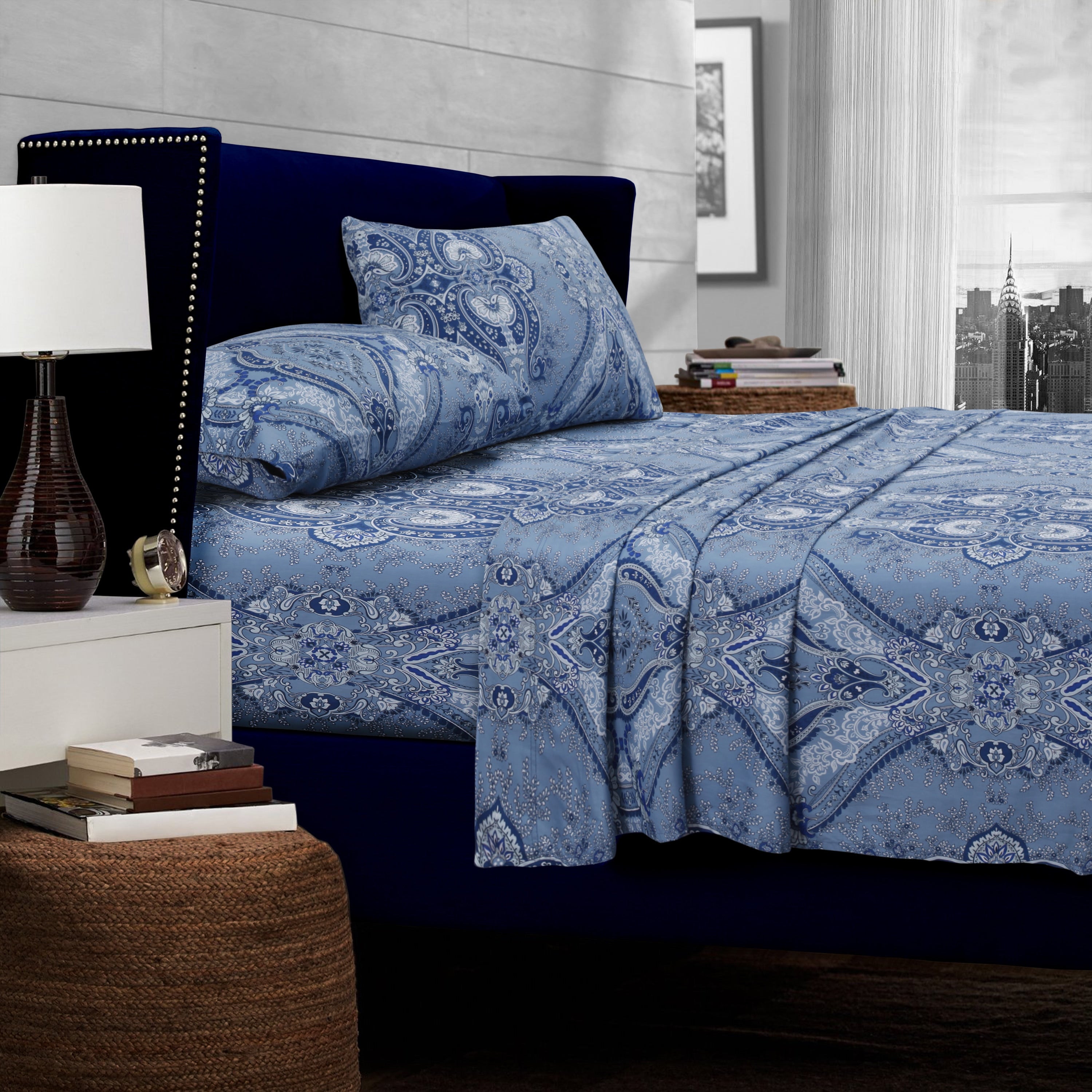 Atlantis Printed 300 Thread Count Cotton Sateen Extra Deep Pocket Sheet Set With Oversize Flat