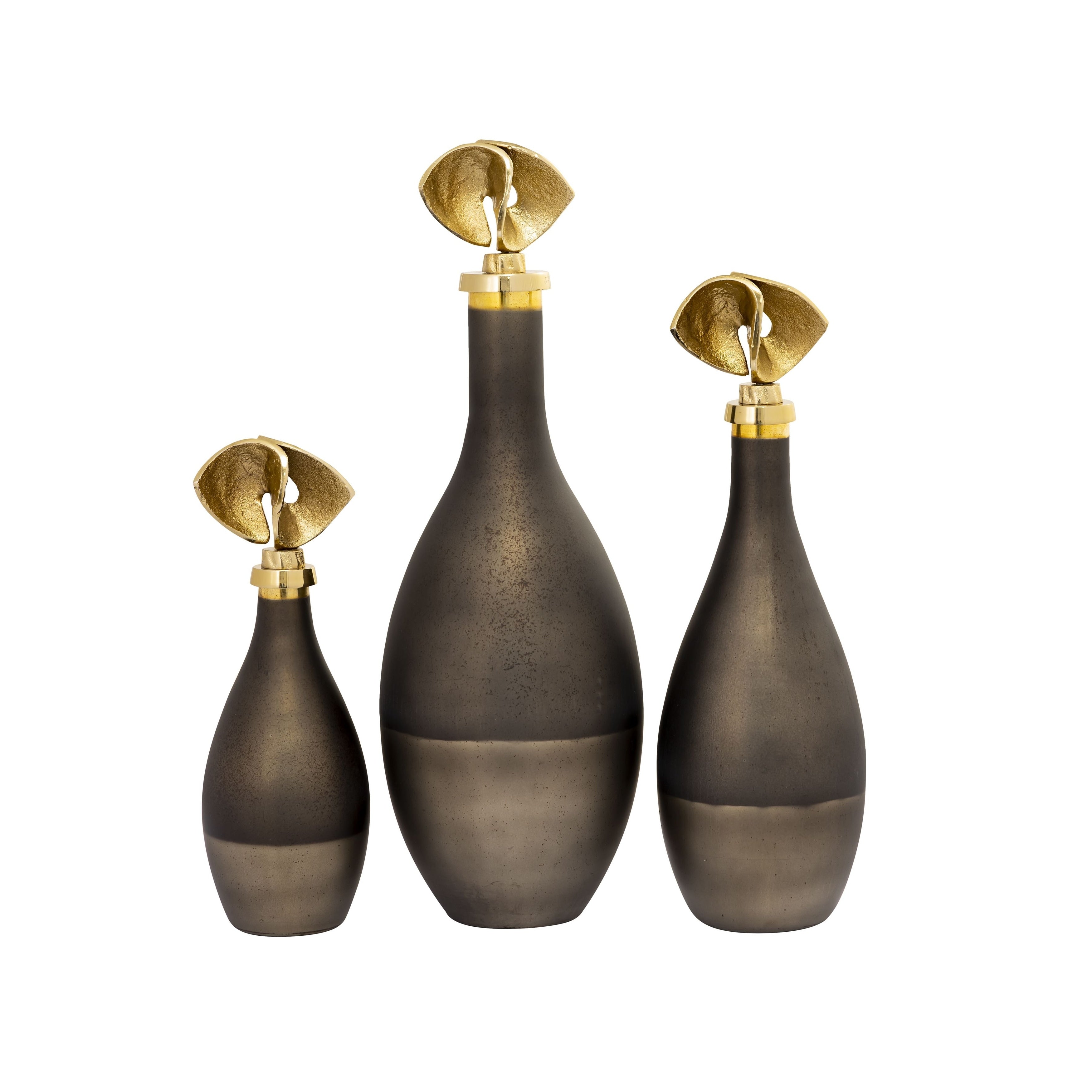 Atlas Aimee Set Of 3 Onyx Smoky Glass Capped Decorative Bottles