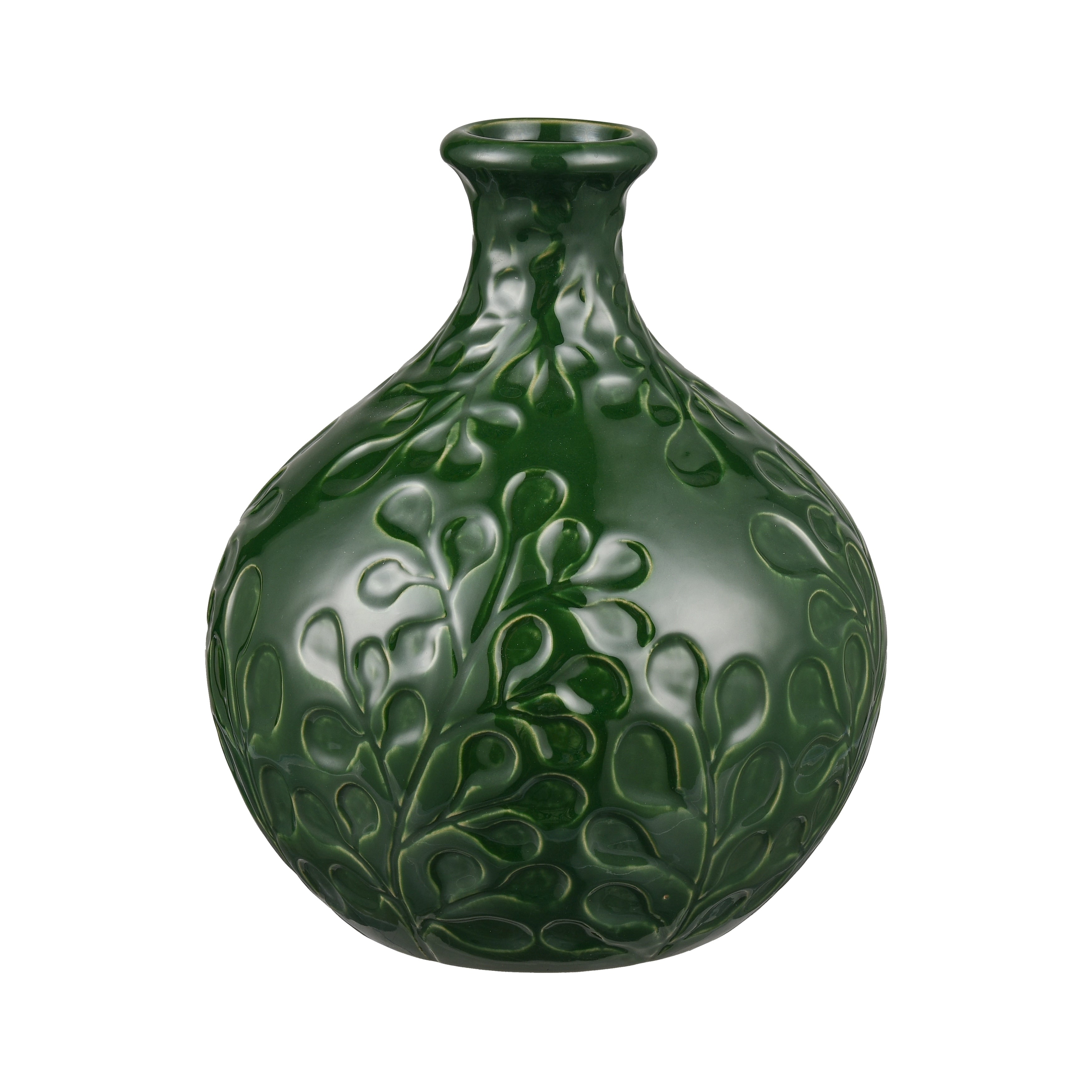 Atlas Broome Glossy Green And Etched Leaf Earthenware Vase