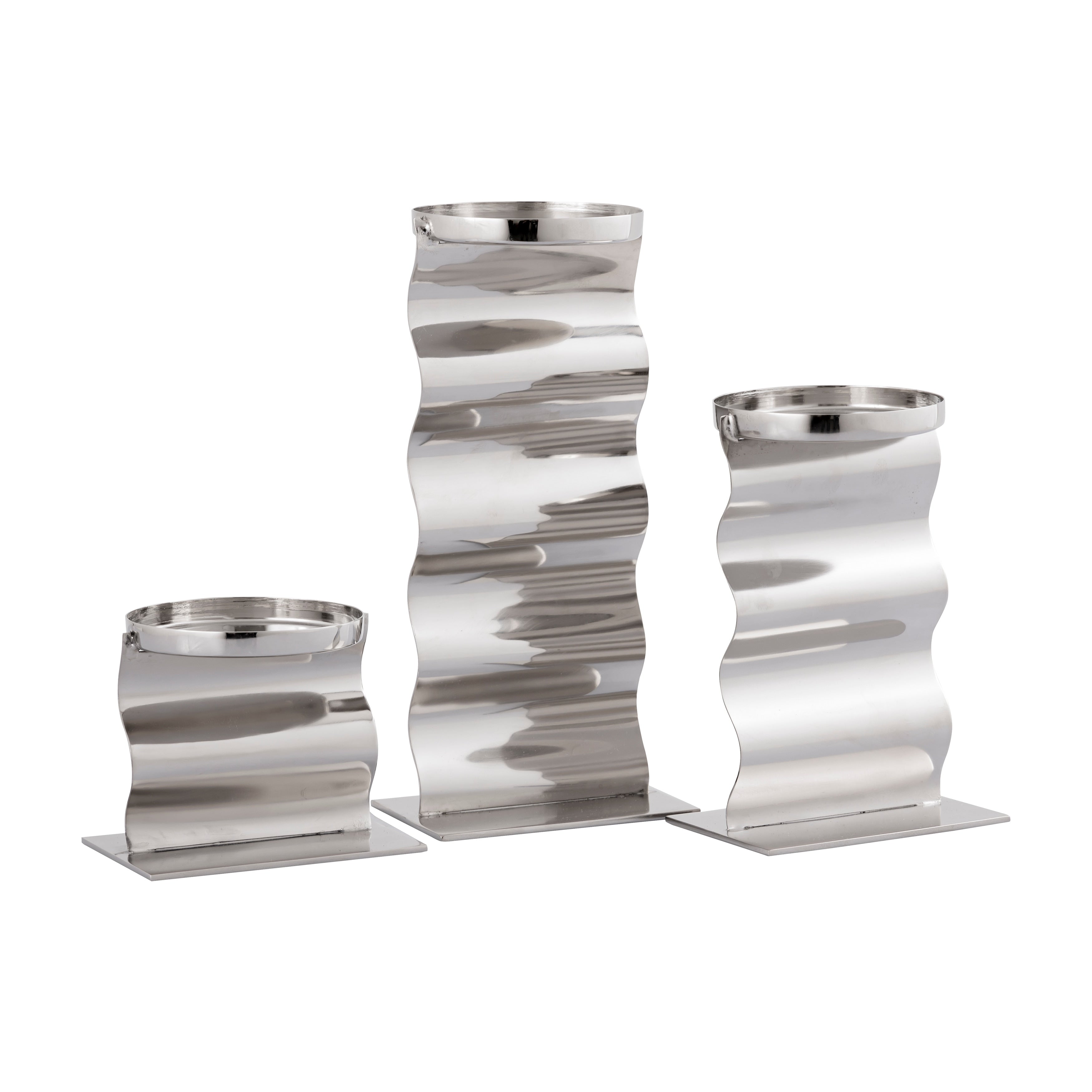 Atlas Curve Set Of 3 Pillar Candle Holders Polished Nickel 9.5 Inch H