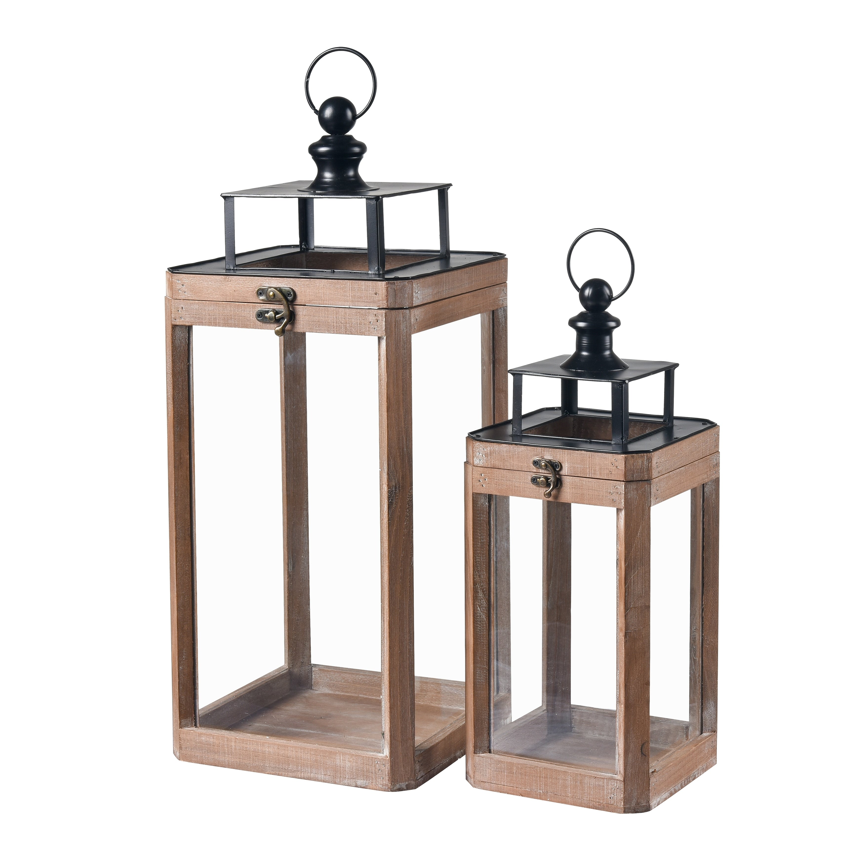 Atlas Down Set Of 2 Wooden Framed Candle Lanters 23.75 Inch H