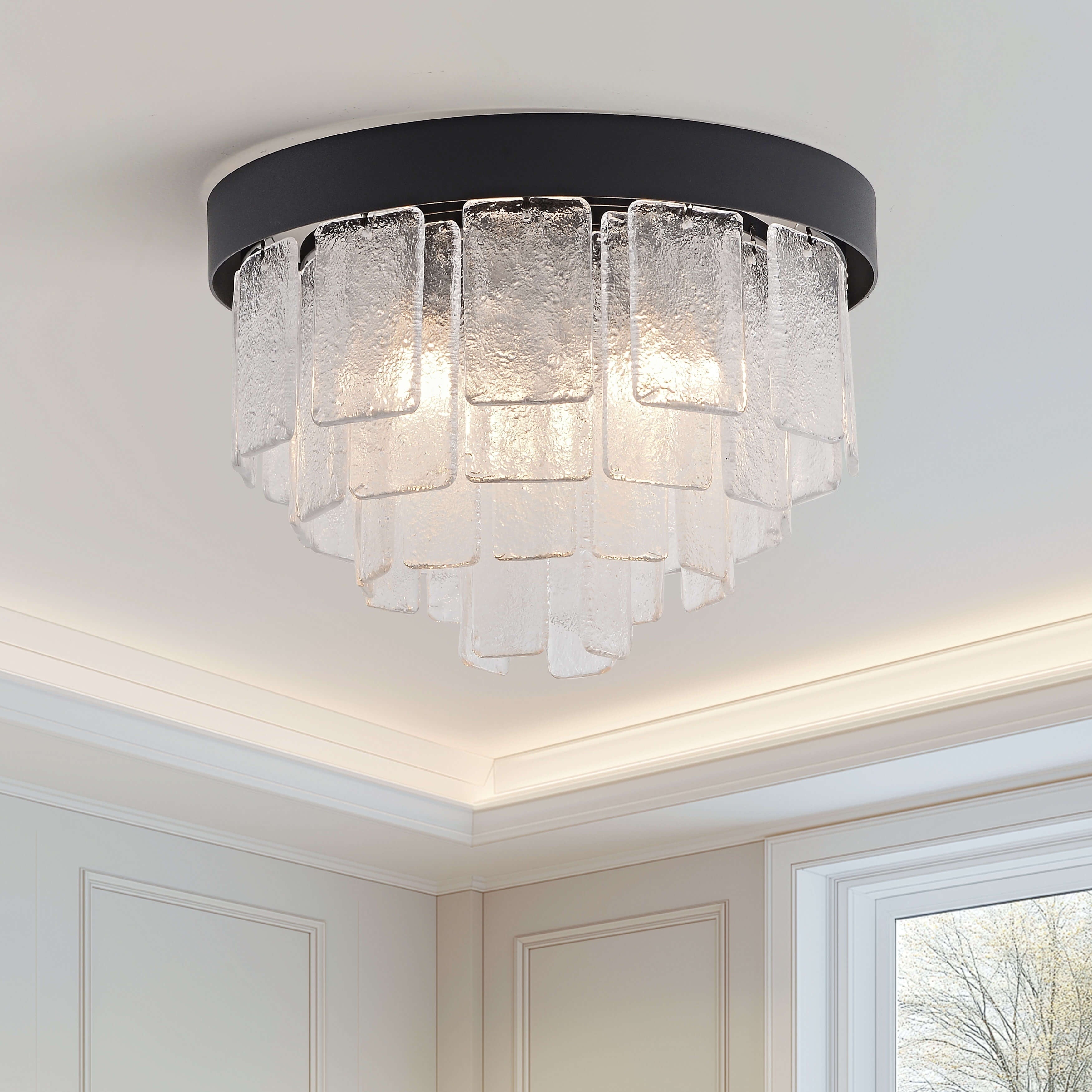 Audrey Matte Black 3 Light Tiered Clear Glass Panel Round Flush Mount