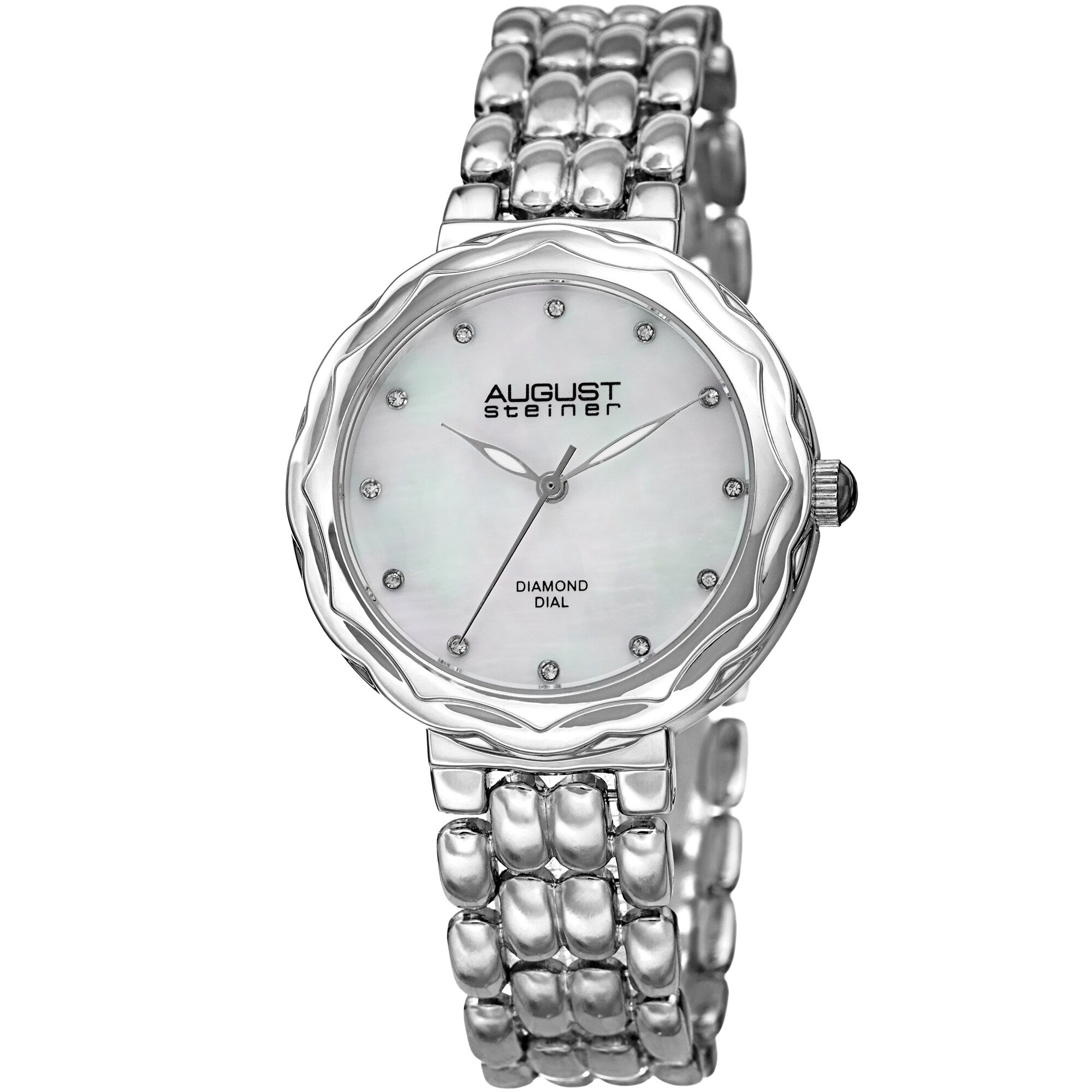 August Steiner Ladies Diamond Mother Of Pearl Silver Tone Bracelet Watch