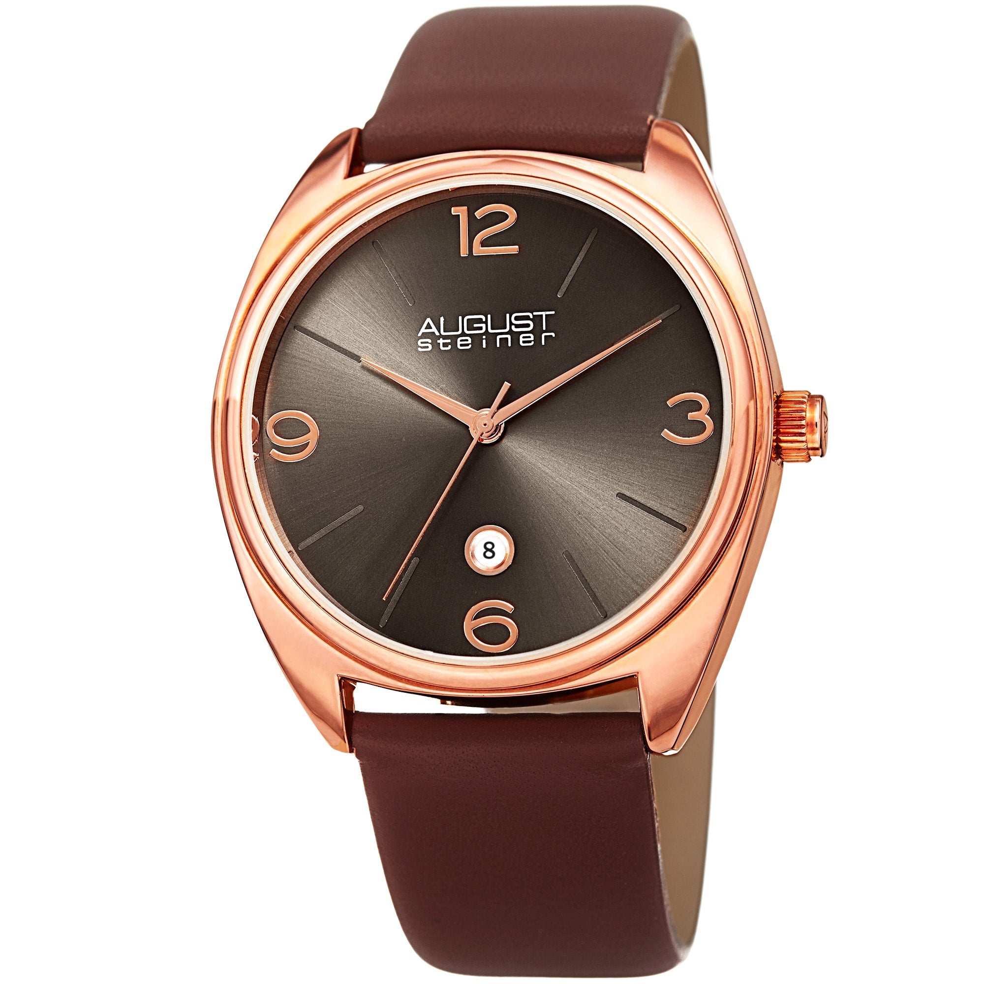 August Steiner Mens Classic Date Leather Rose Tone Brown Strap Watch