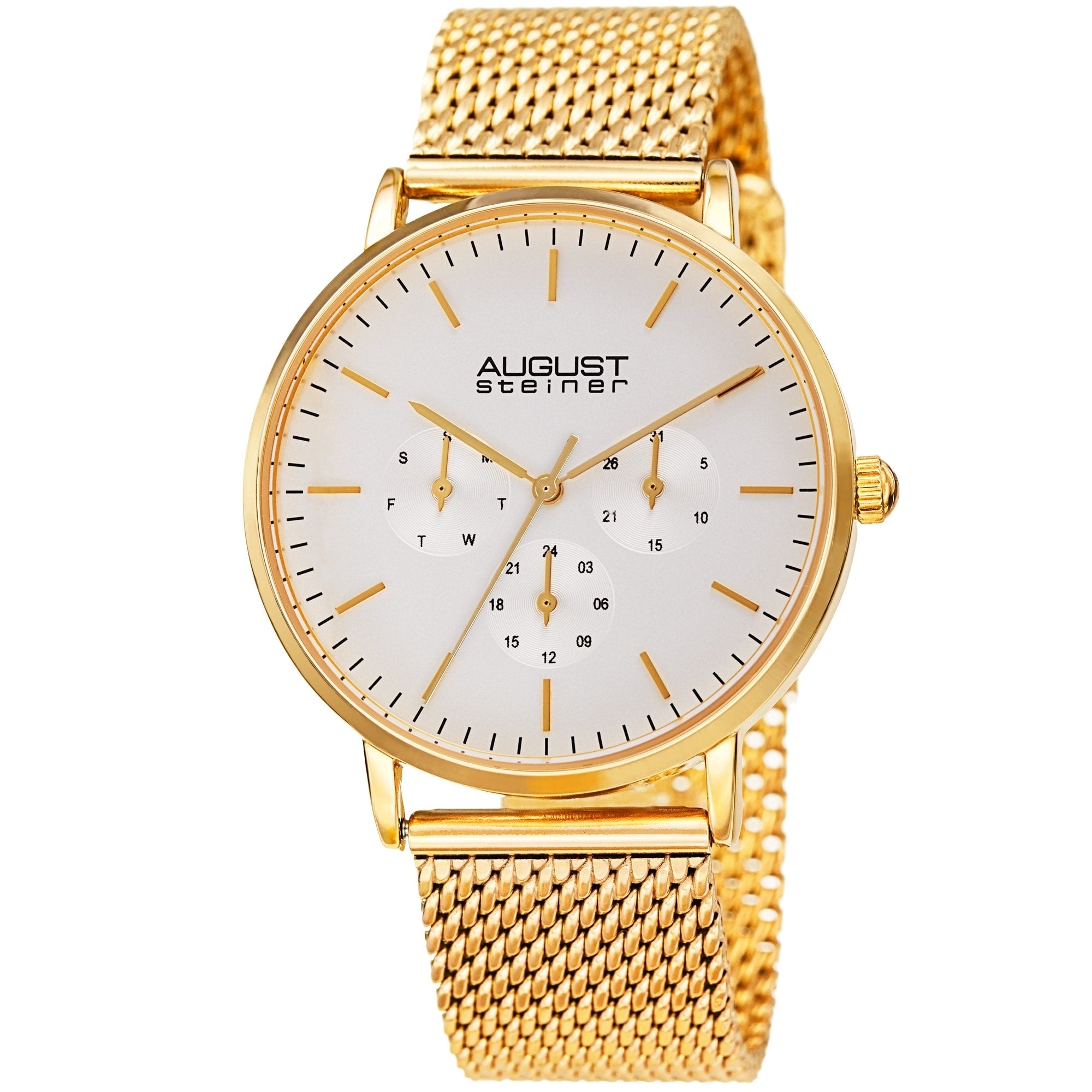 August Steiner Mens Date Multifunction Gold Tone Stainless Steel Mesh Strap Watch
