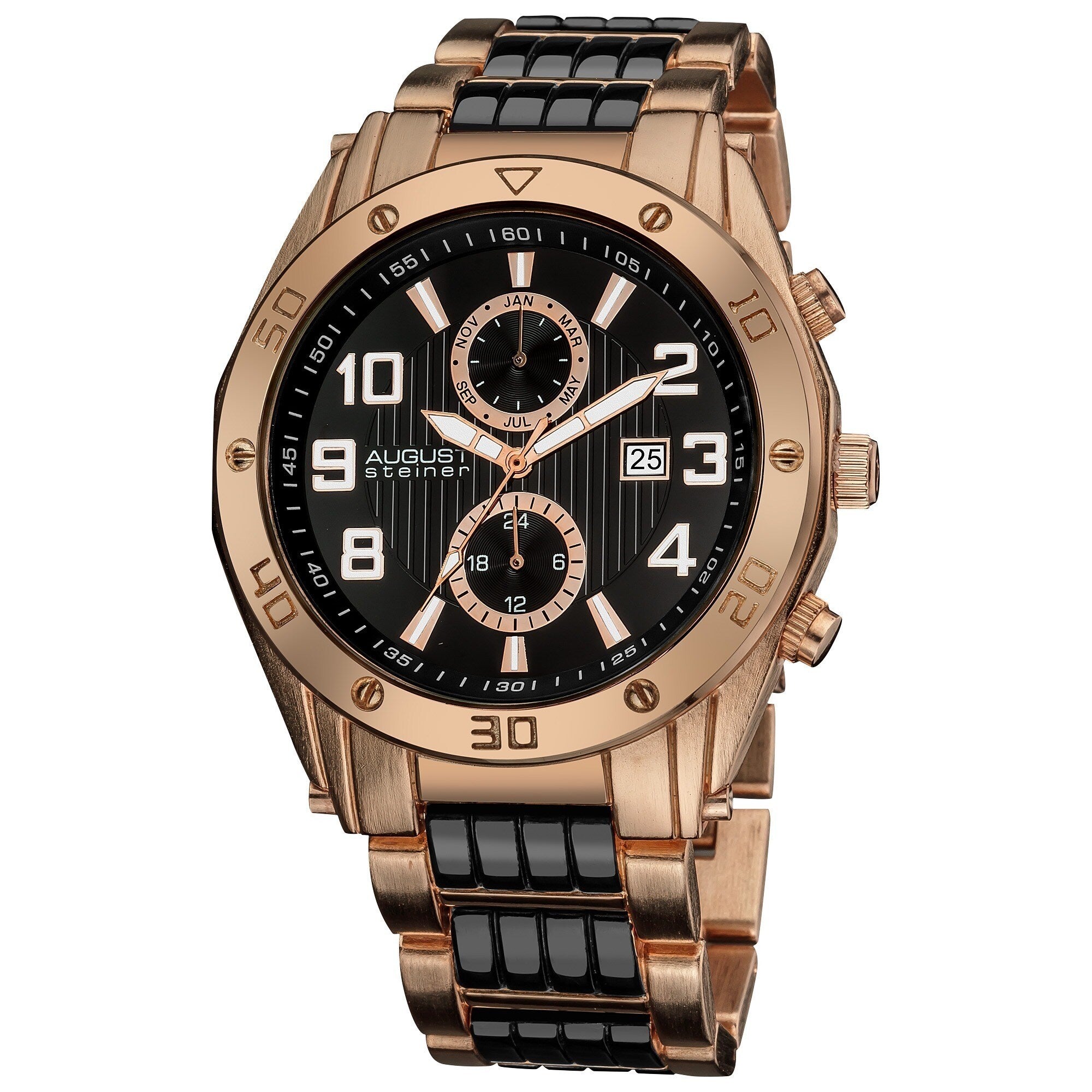 August Steiner Mens Embossed Dial Day Month Water Resistant Rose Tone Bracelet Watch