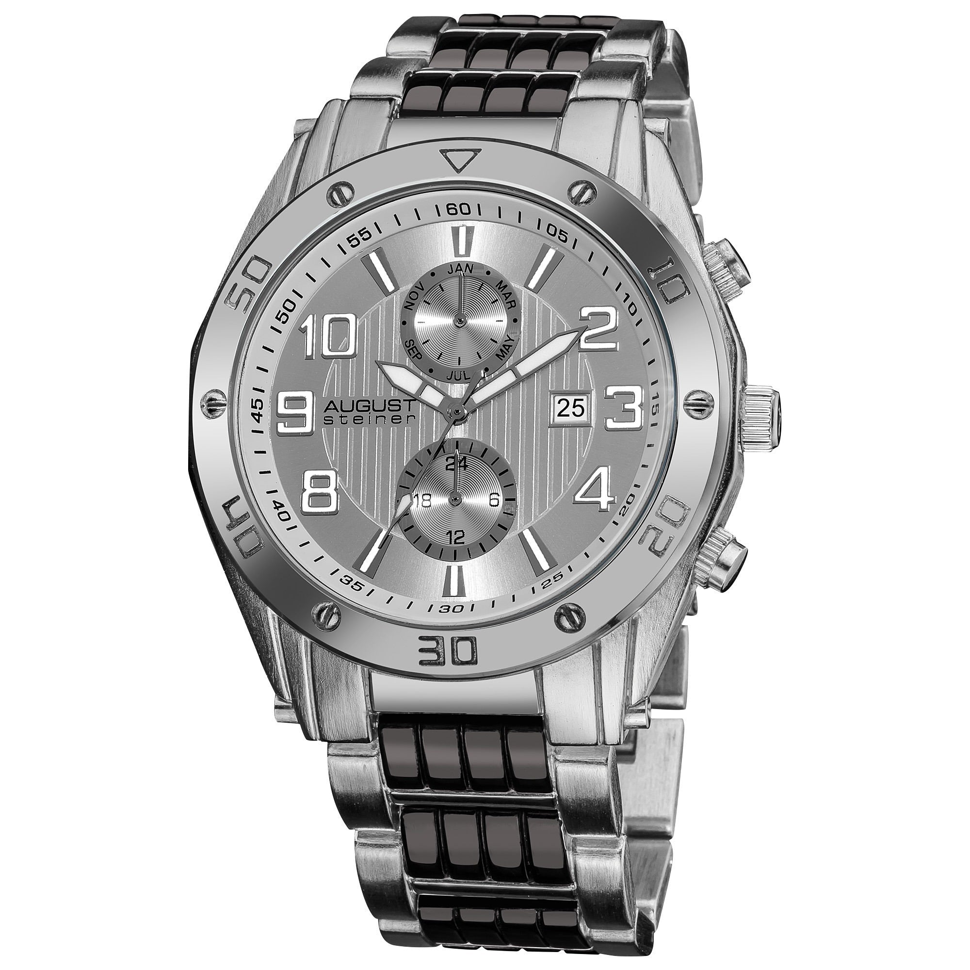 August Steiner Mens Embossed Dial Day Month Water Resistant Silver Tone Bracelet Watch