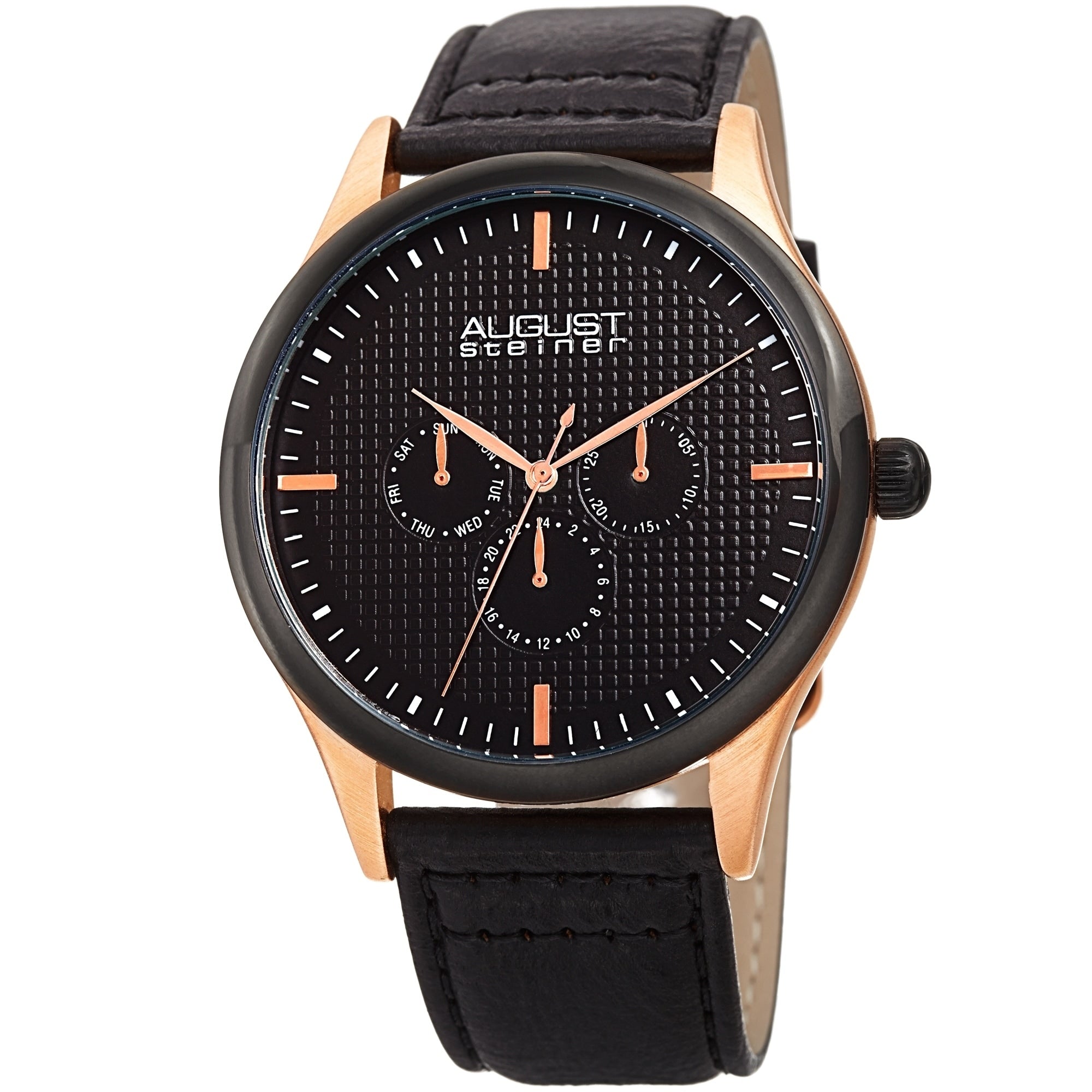 August Steiner Mens Quartz Date Day Checkered Black Leather Strap Watch