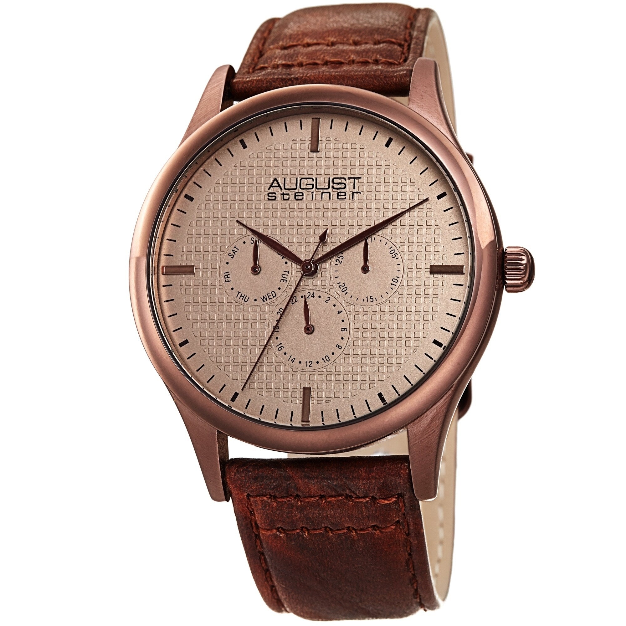 August Steiner Mens Quartz Date Day Checkered Brown Leather Strap Watch