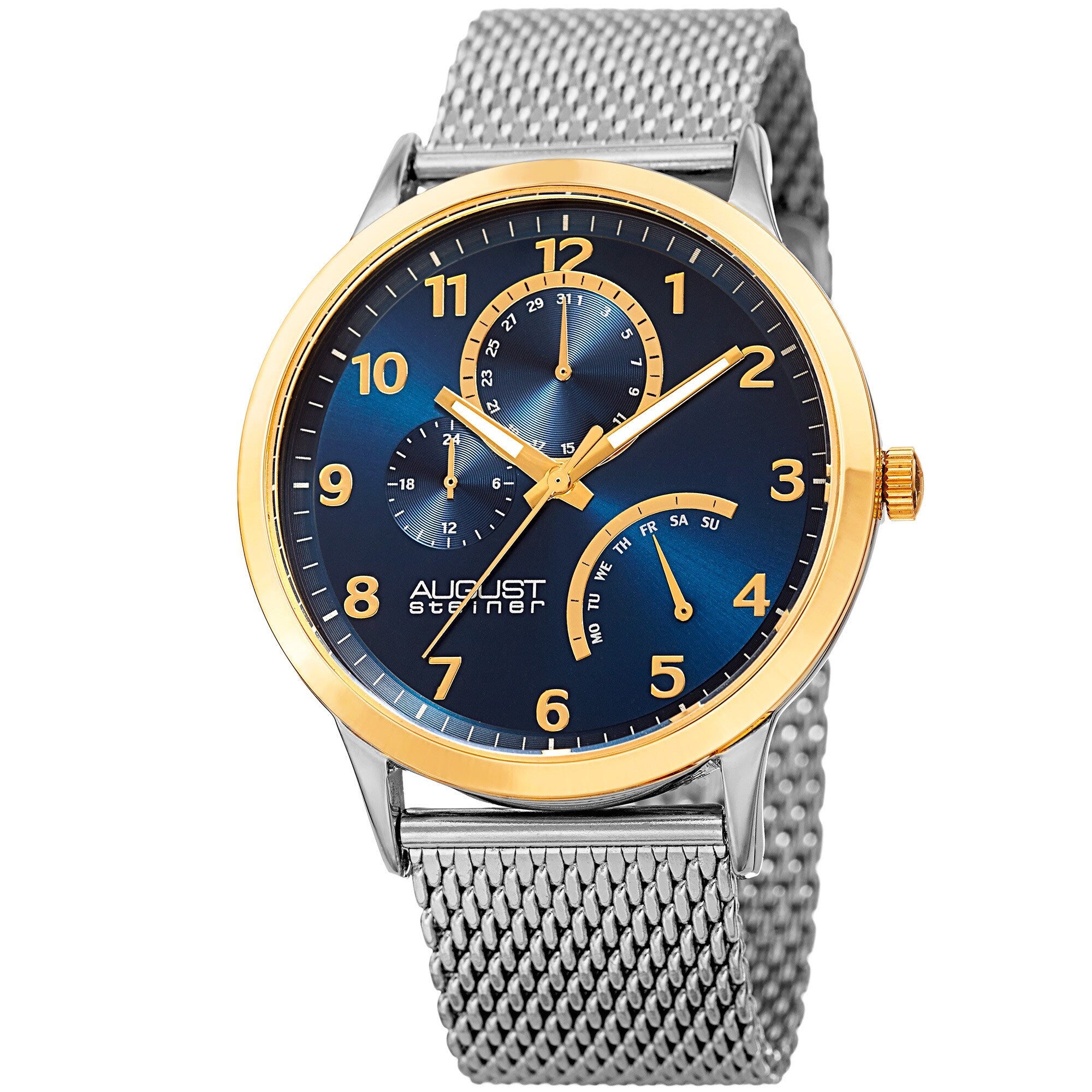 August Steiner Mens Sporty Retrograde Multifunction Mesh Gold Tone Blue Bracelet Watch