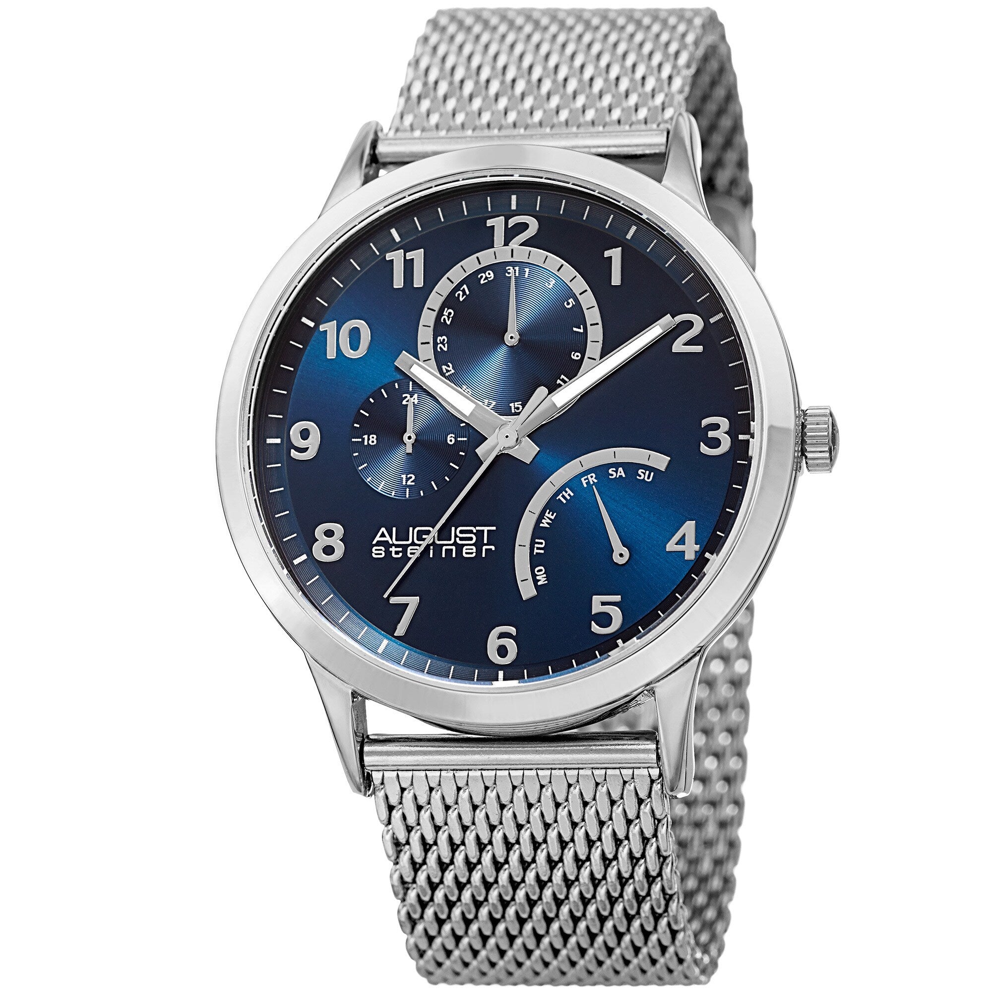 August Steiner Mens Sporty Retrograde Multifunction Mesh Silver Tone Blue Bracelet Watch
