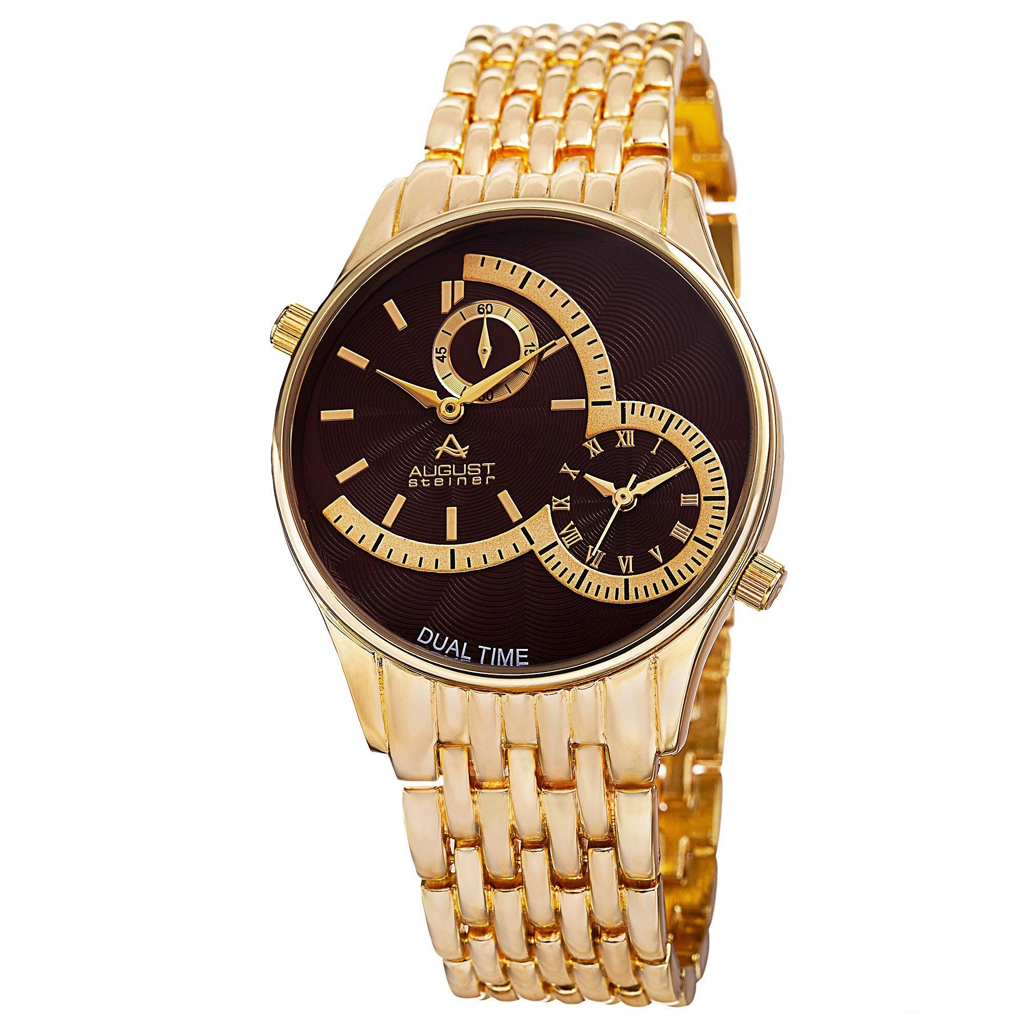 August Steiner Mens Swiss Quartz Dual Time Brown Bracelet Watch