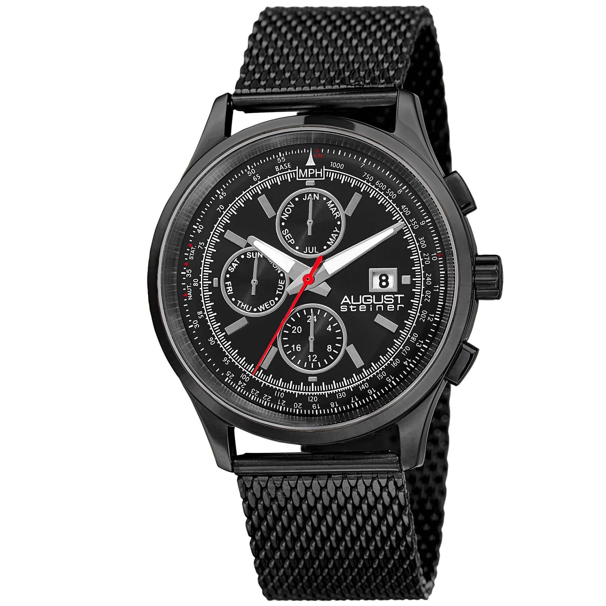 August Steiner Mens Swiss Quartz Dual Time Multifunction Stainless Steel Mesh Black Bracelet Watch