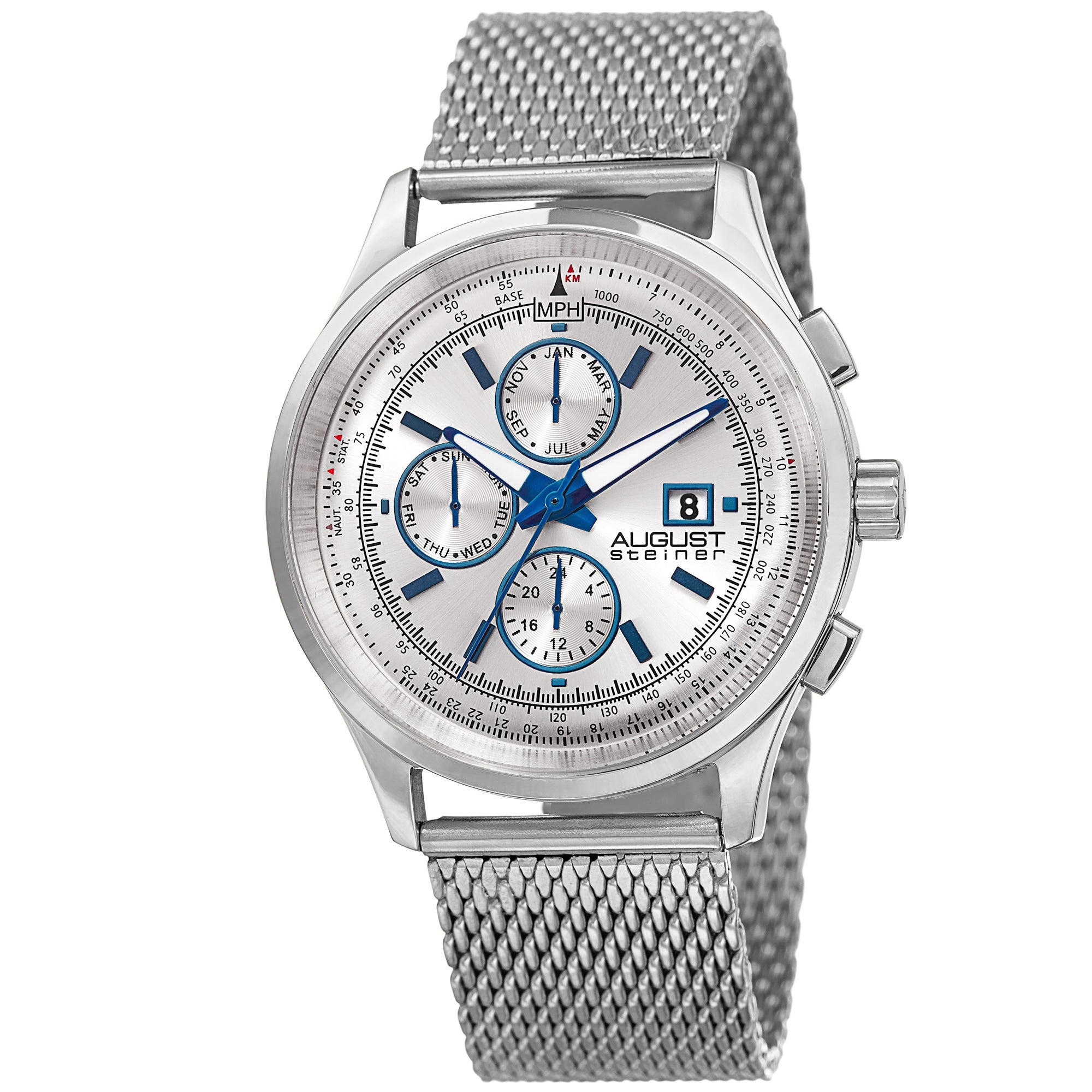August Steiner Mens Swiss Quartz Dual Time Multifunction Stainless Steel Mesh Silver Tone Bracelet Watch Silver