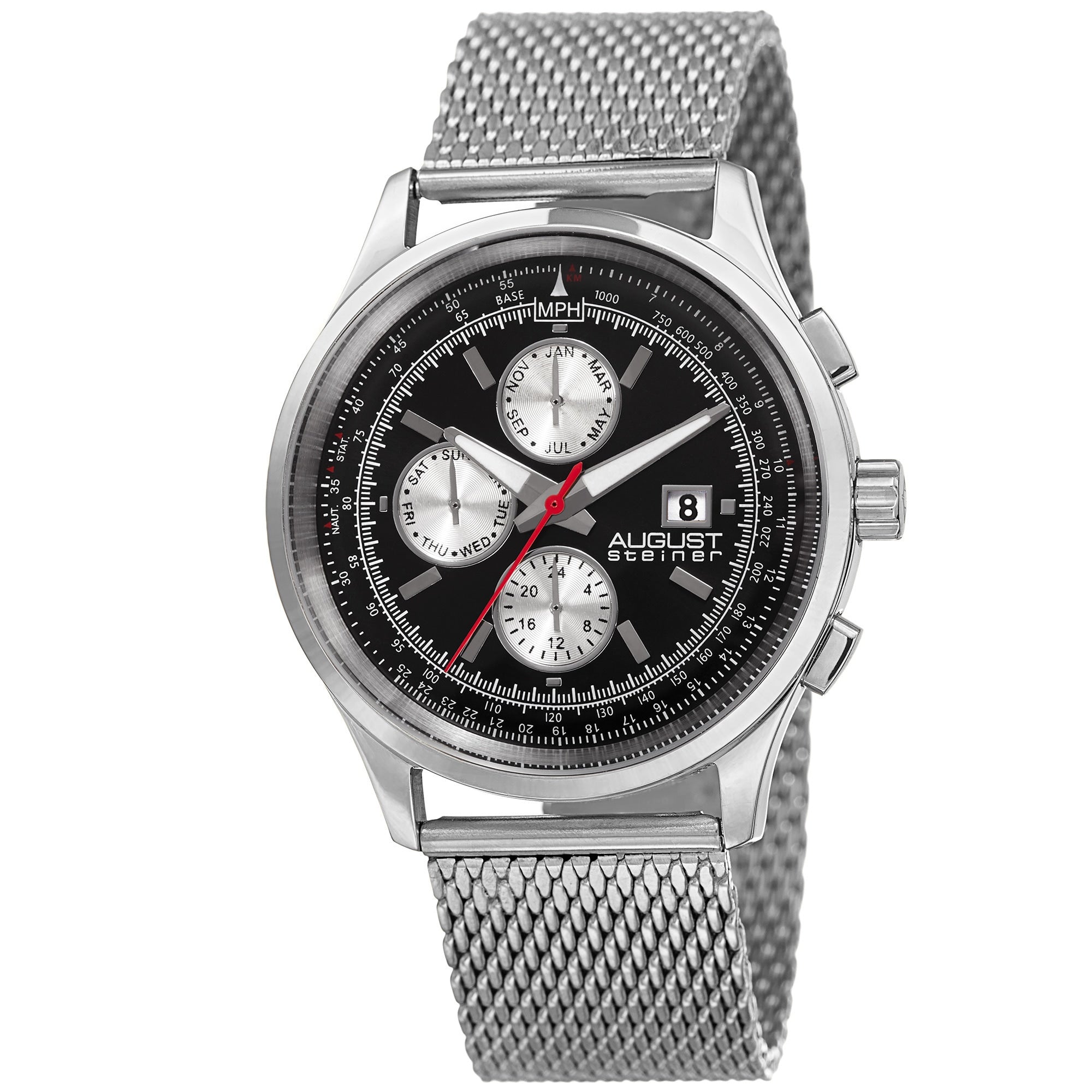 August Steiner Mens Swiss Quartz Dual Time Multifunction Stainless Steel Mesh Silver Tone Bracelet Watch Silver