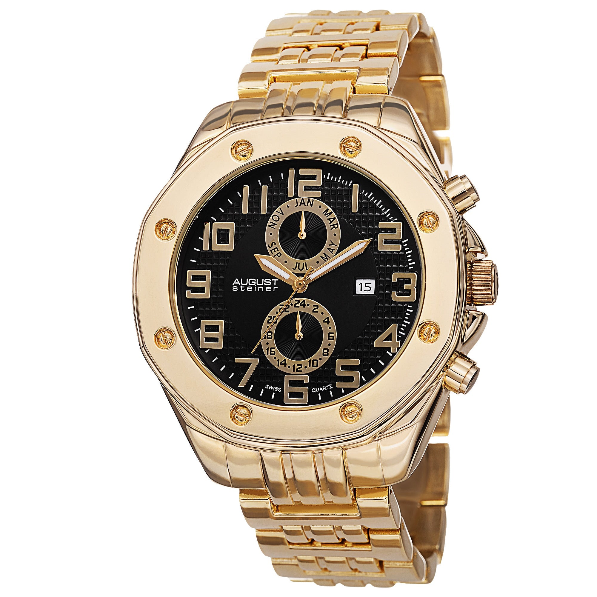 August Steiner Mens Swiss Quartz Dual Time Zone Multifunction Gold Tone Bracelet Watch