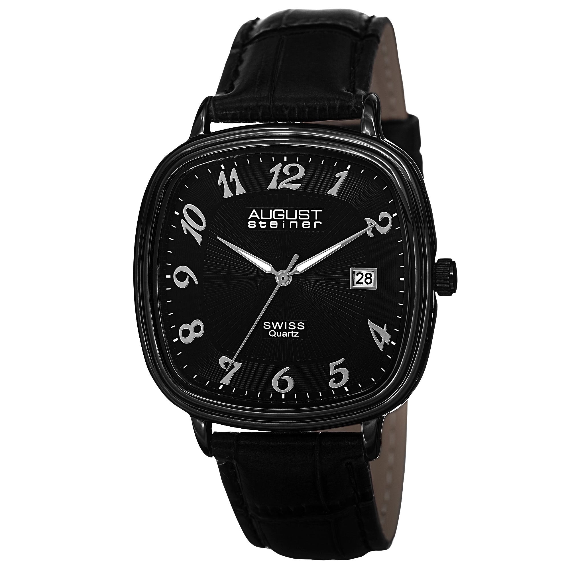 August Steiner Mens Swiss Quartz Etched Pattern Dial Leather Black Strap Watch