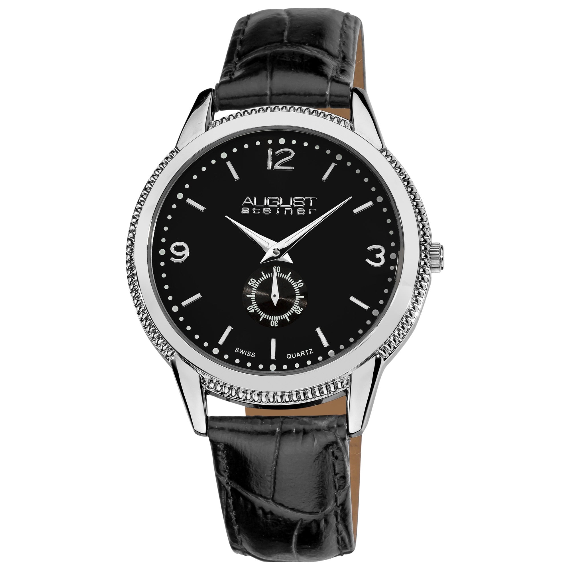 August Steiner Mens Swiss Quartz Leather Silver Tone Strap Watch