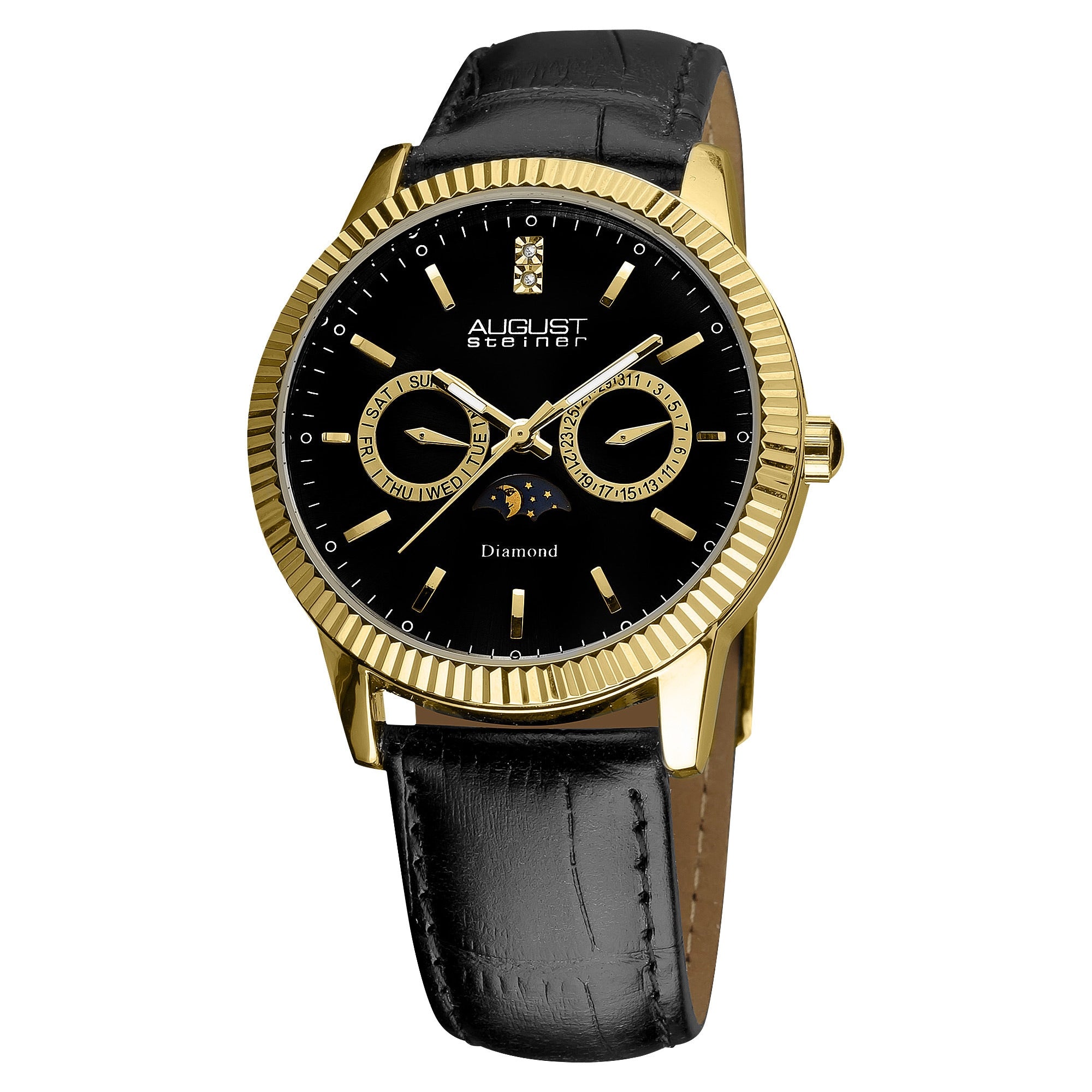 August Steiner Mens Swiss Quartz Multifunction Diamond Leather Black Strap Watch