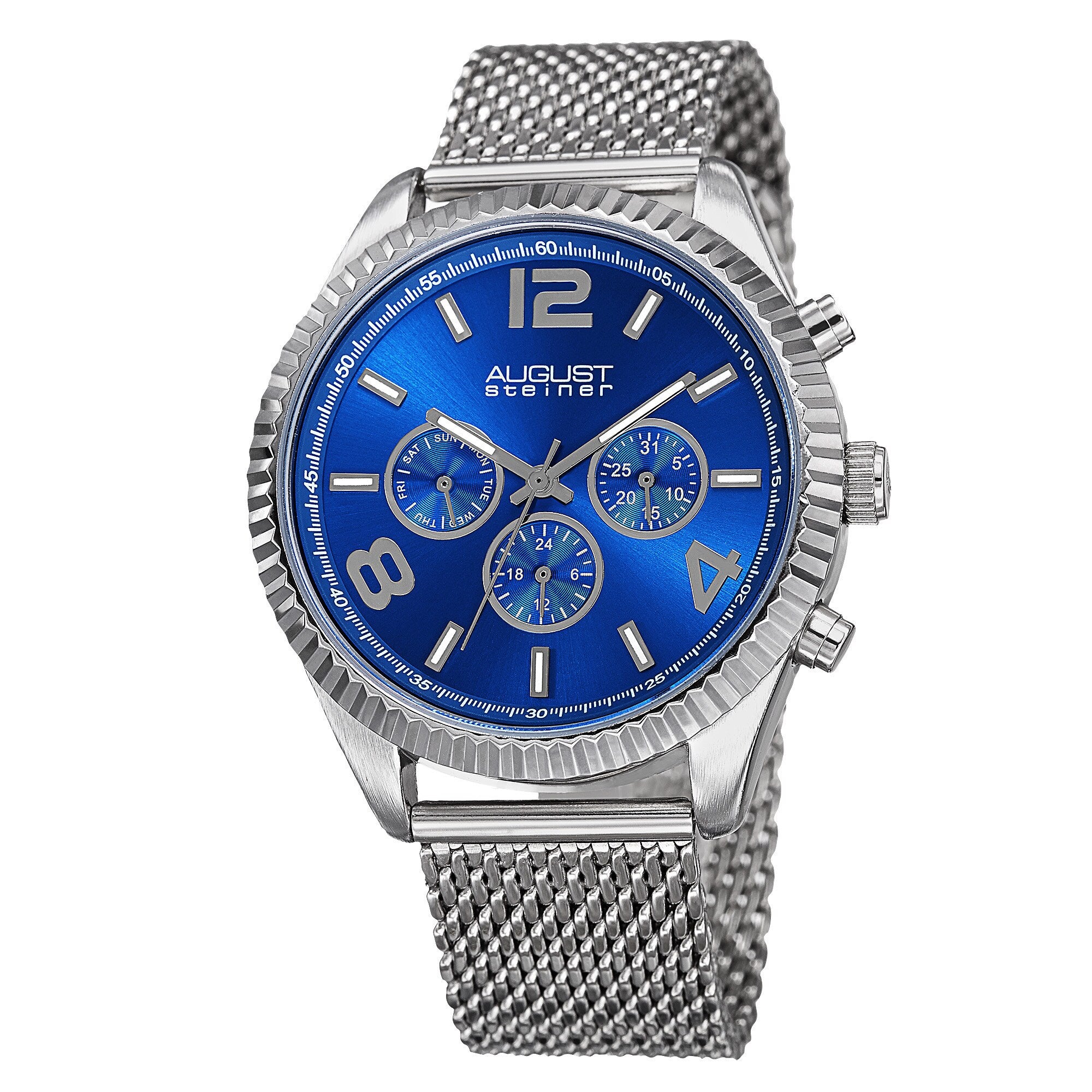 August Steiner Mens Swiss Quartz Multifunction Dual Time Stainless Steel Silver Tone Bracelet Watch Blue