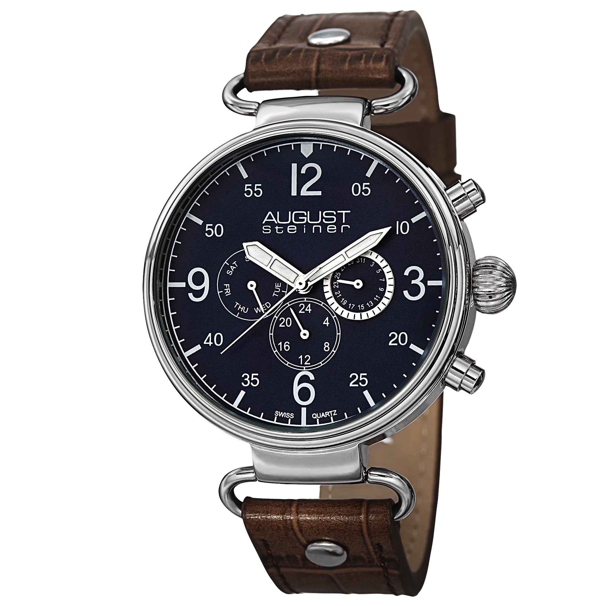 August Steiner Mens Swiss Quartz Multifunction Leather Blue Strap Watch