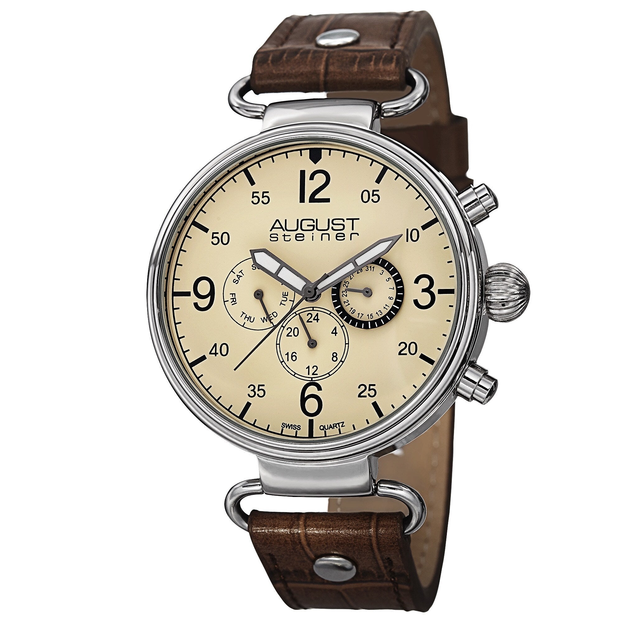 August Steiner Mens Swiss Quartz Multifunction Leather Brown Strap Watch