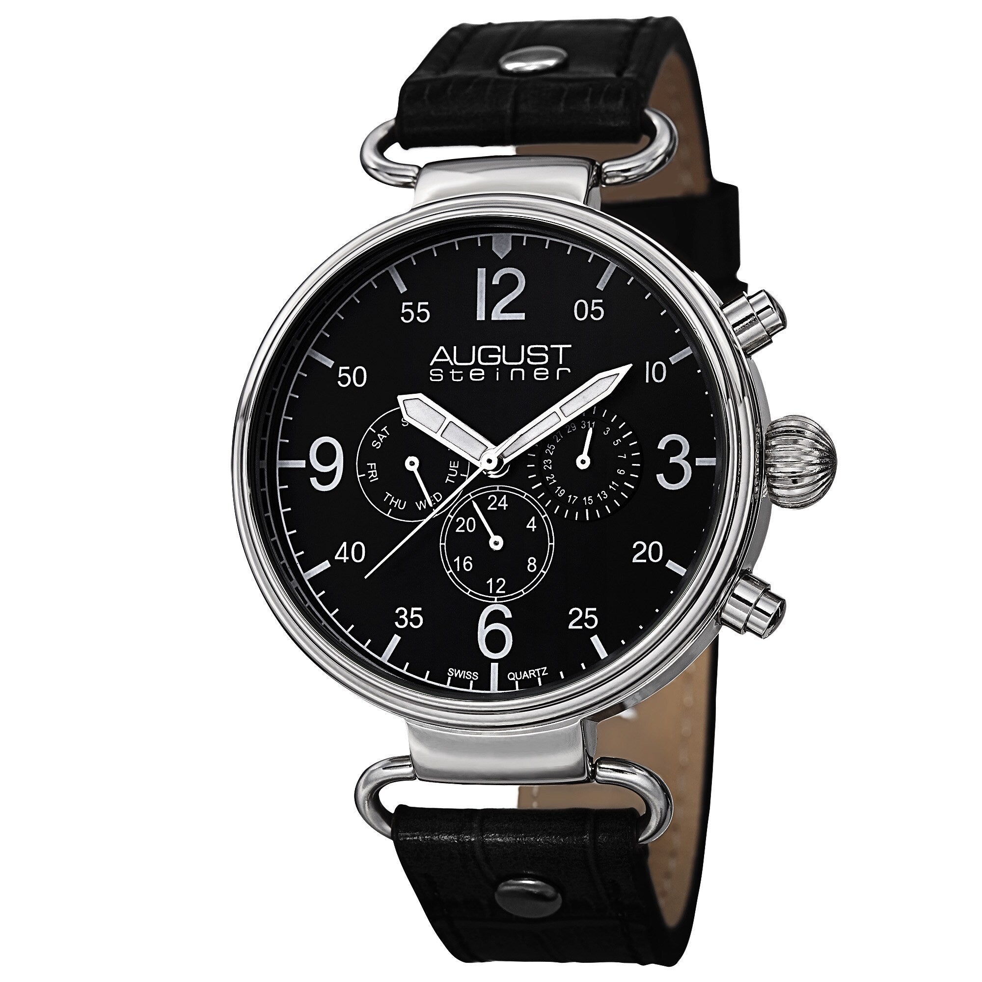 August Steiner Mens Swiss Quartz Multifunction Leather Silver Tone Strap Watch