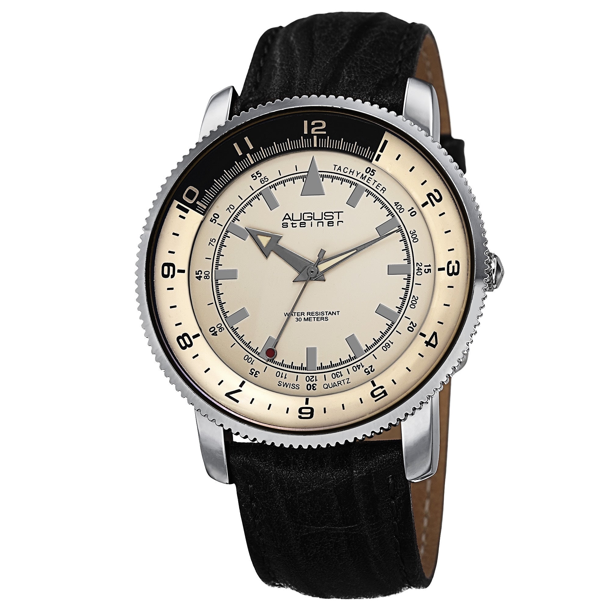 August Steiner Mens Swiss Quartz Tachymeter Leather Silver Tone Strap Watch