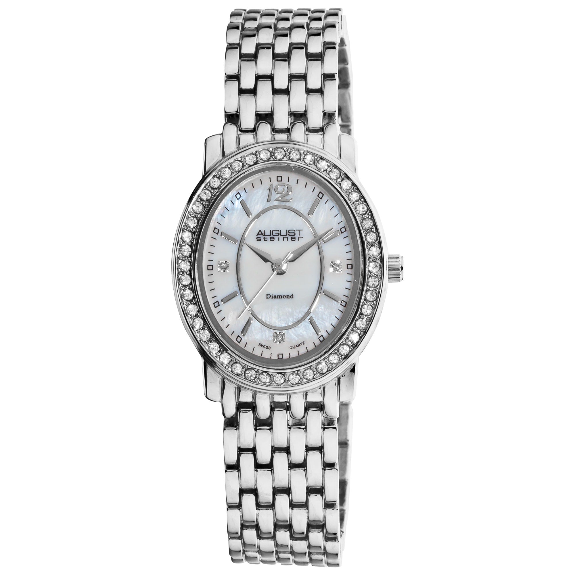 August Steiner Womens Dazzling Diamond Silver Oval Bracelet Watch