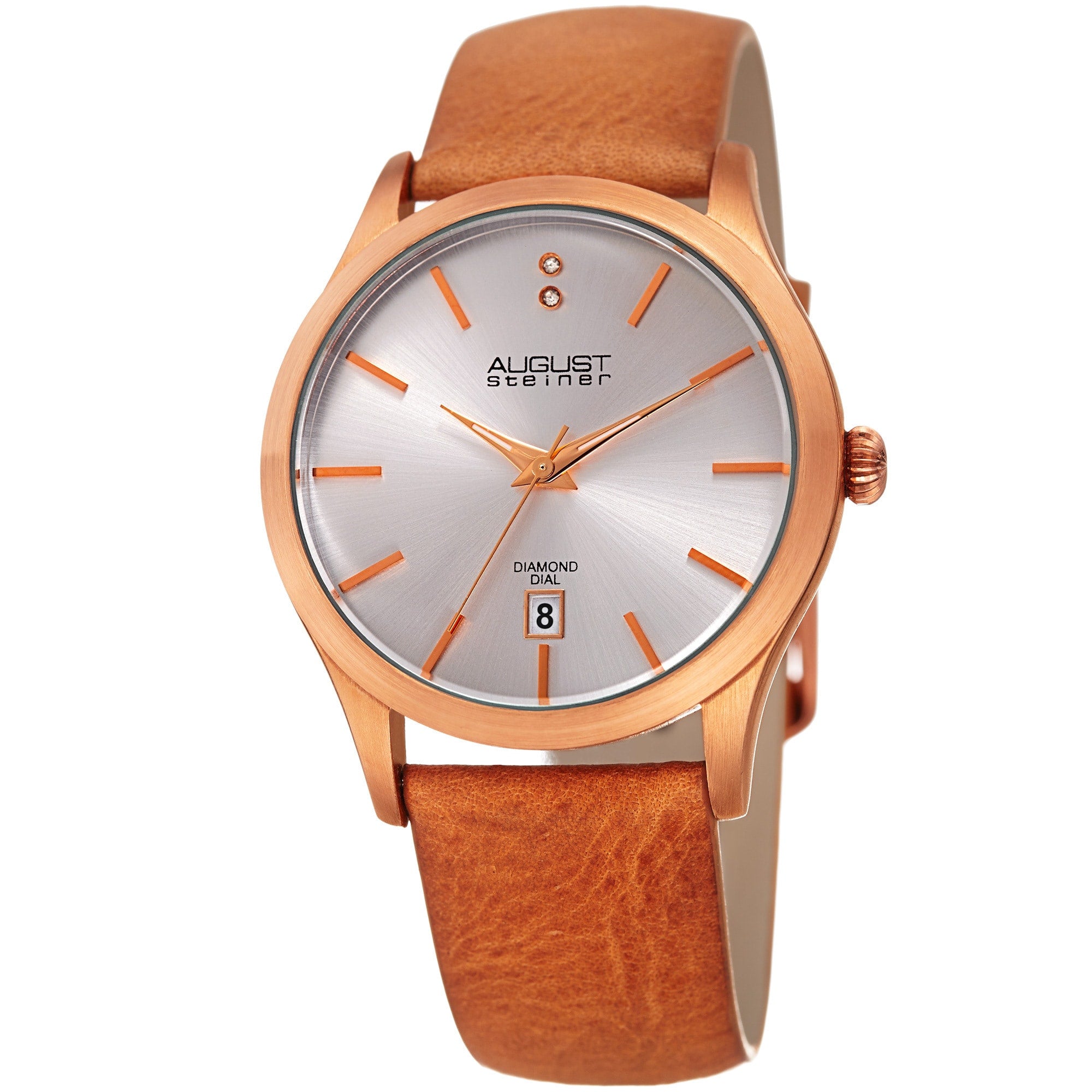 August Steiner Womens Diamond Date Sleek Rose Tone Leather Strap Watch