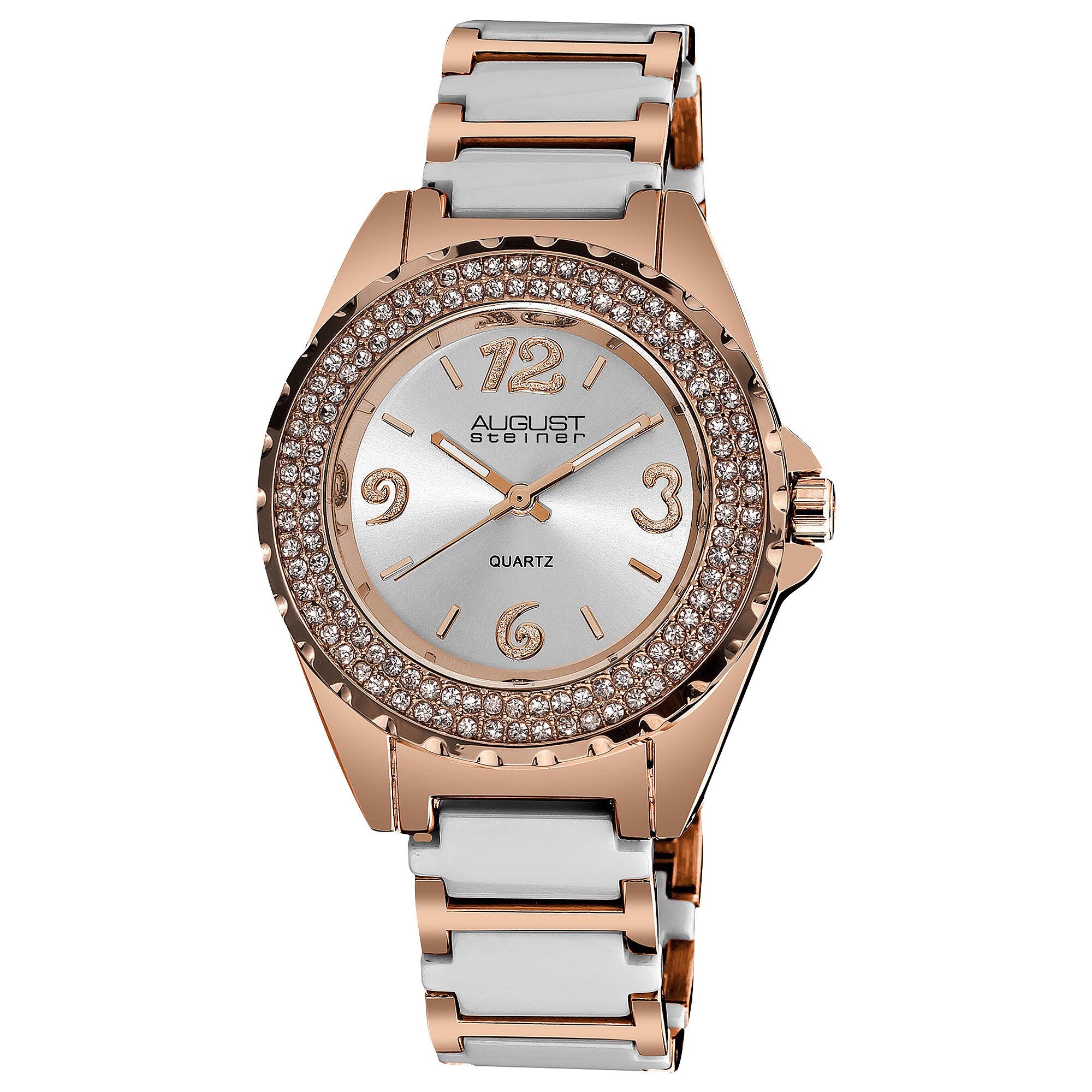 August Steiner Womens Quartz Crystal Studded Bezel Ceramic Link White Bracelet Watch