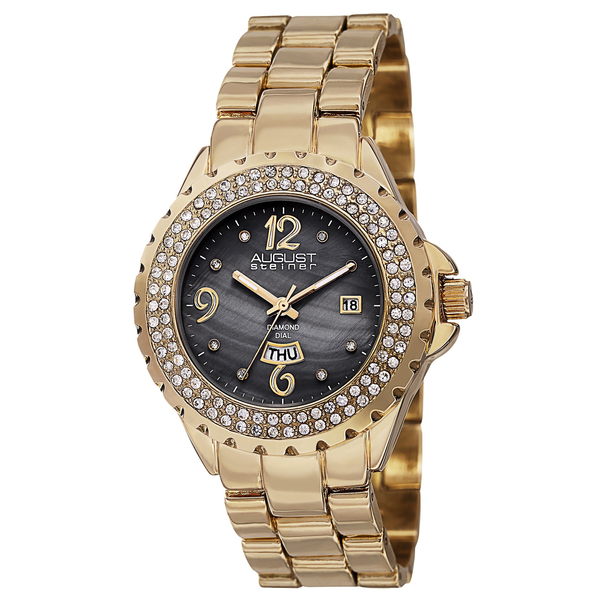 August Steiner Womens Quartz Diamond Gold Tone Bracelet Watch