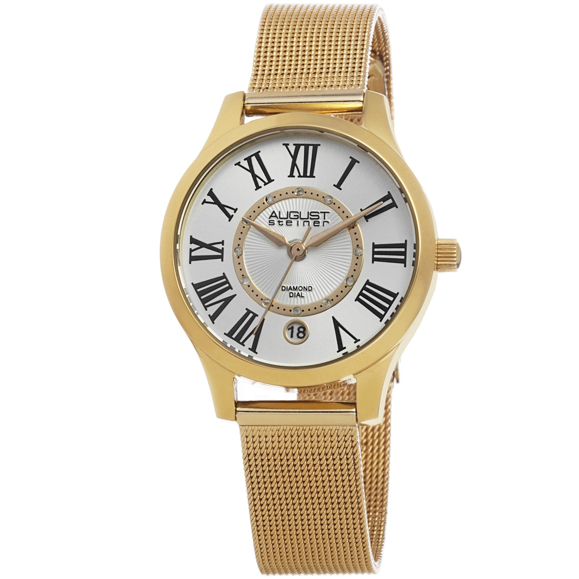 August Steiner Womens Quartz Diamond Stainless Steel Mesh Gold Tone Bracelet Watch