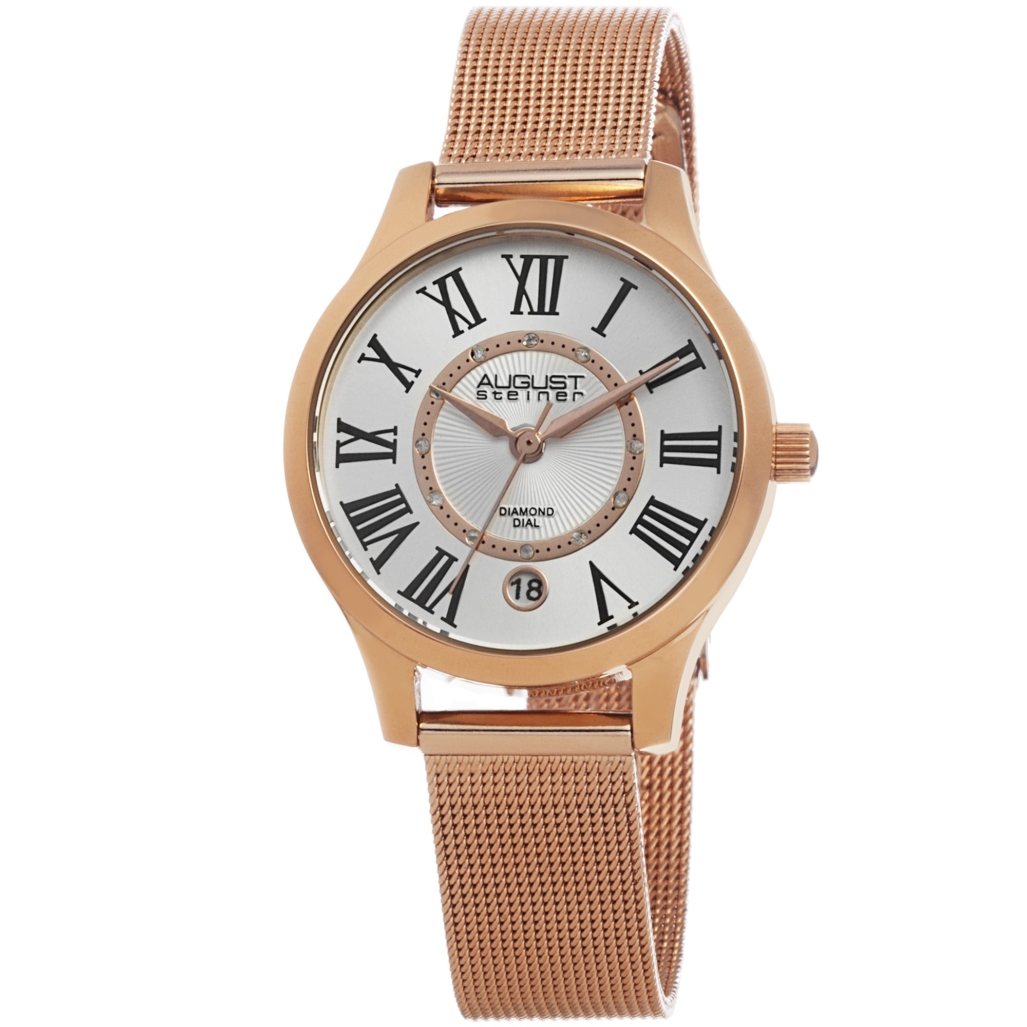 August Steiner Womens Quartz Diamond Stainless Steel Mesh Rose Tone Bracelet Watch