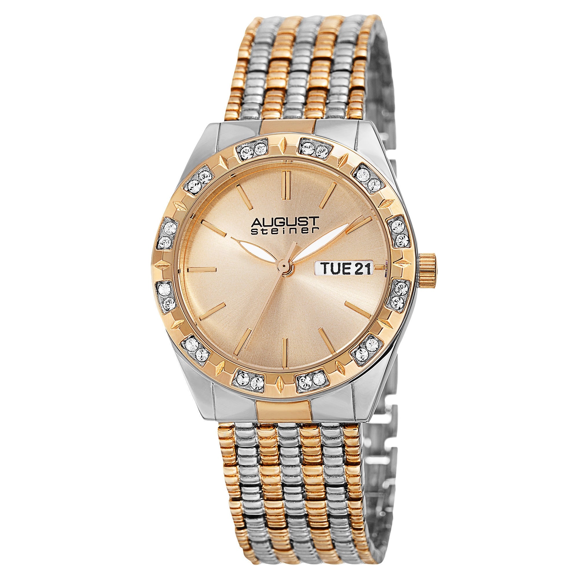 August Steiner Womens Quartz Swarovski Crystals Sunray Dial Two Tone Bracelet Watch Gold