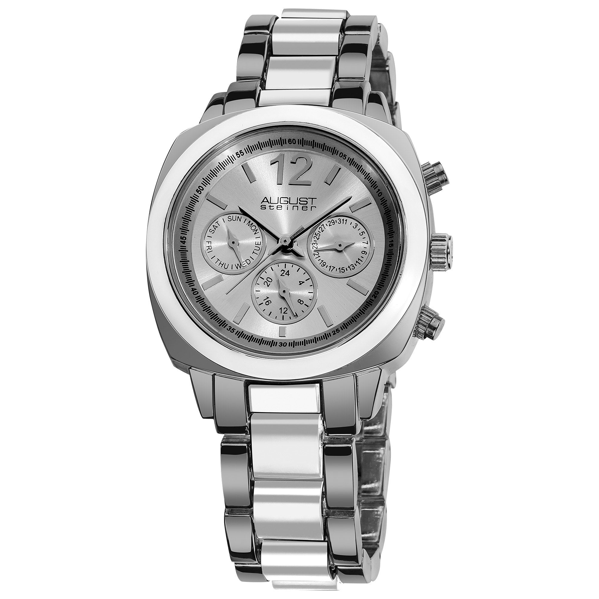 August Steiner Womens Resin Silvertone Swiss Quartz Multifunction White Bracelet Watch