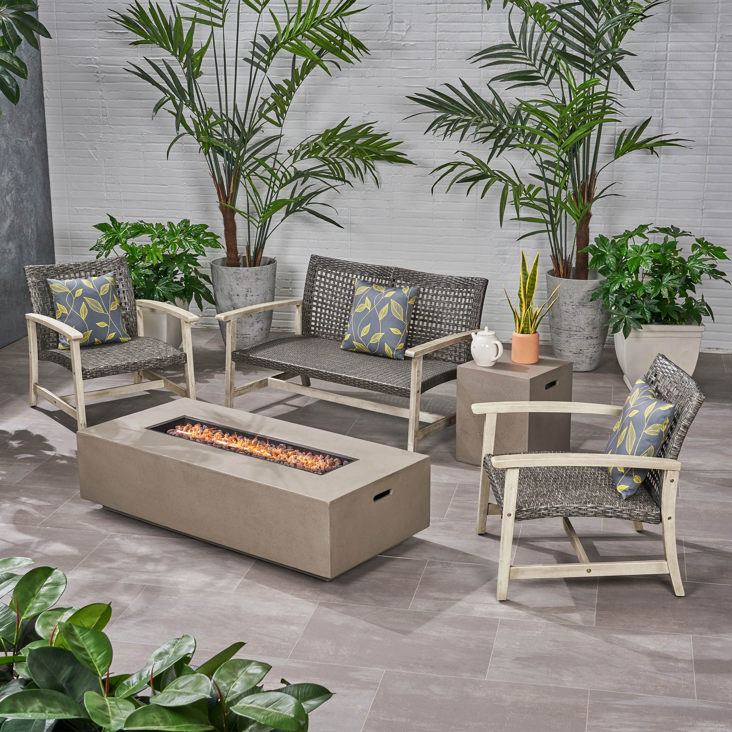 Augusta Outdoor 5 Piece Wood And Wicker Chat Set With Fire Pit By Christopher Knight Home