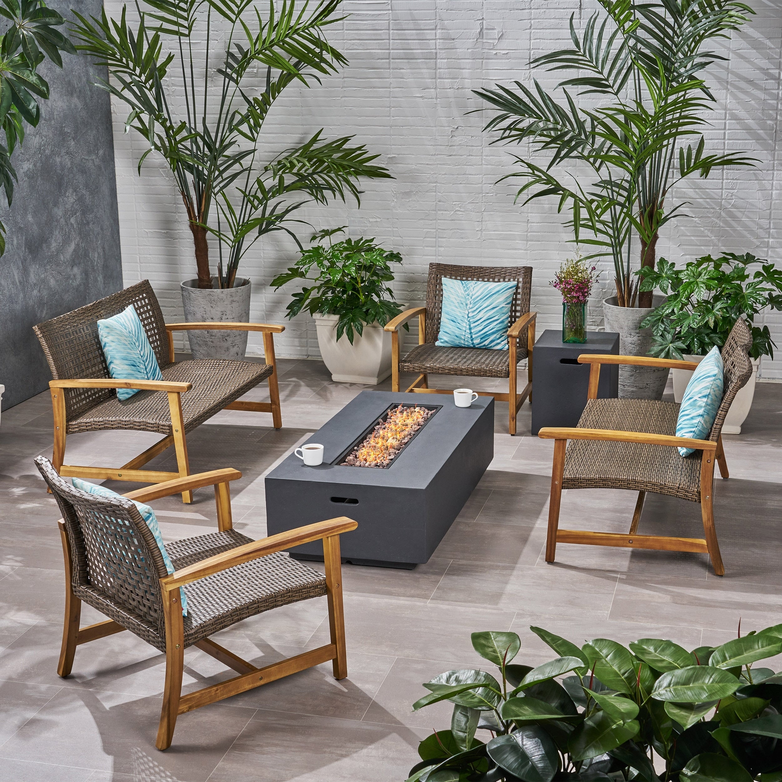 Augusta Outdoor 6 Piece Wood And Wicker Chat Set With Fire Pit By Christopher Knight Home