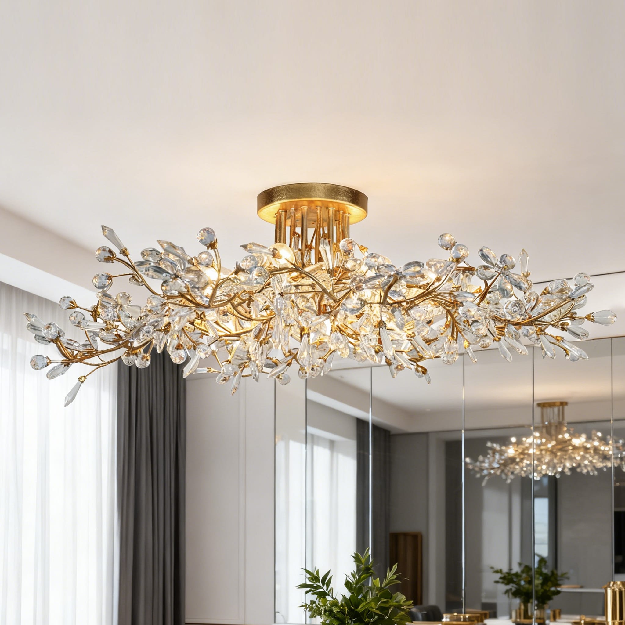 Aureflor 8 Light Antique Gold Foil Crystal Floral Chandelier Semi Flush Mount Ceiling Light Antique Gold 31.9 Dia.X9.4 H