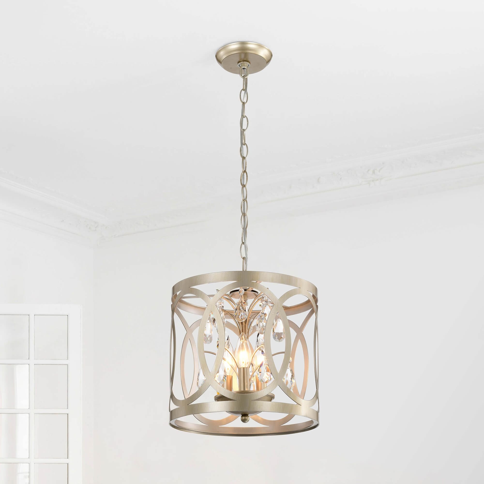 Aurelia 3 Light Brushed Champagne Metal Cage Drum Chandelier N A