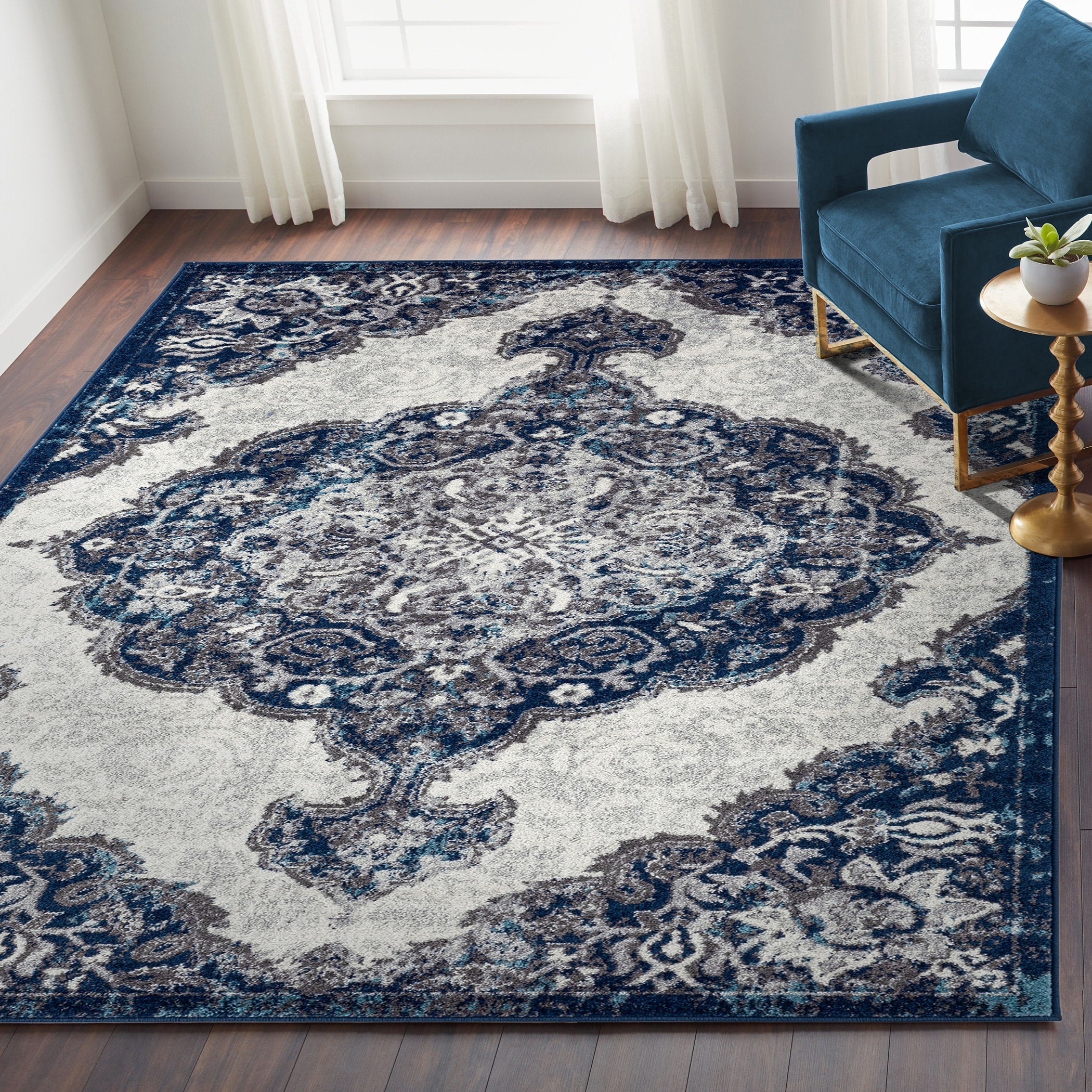 Aurelia Vintage Medallion Navy Area Rug 79 X 99