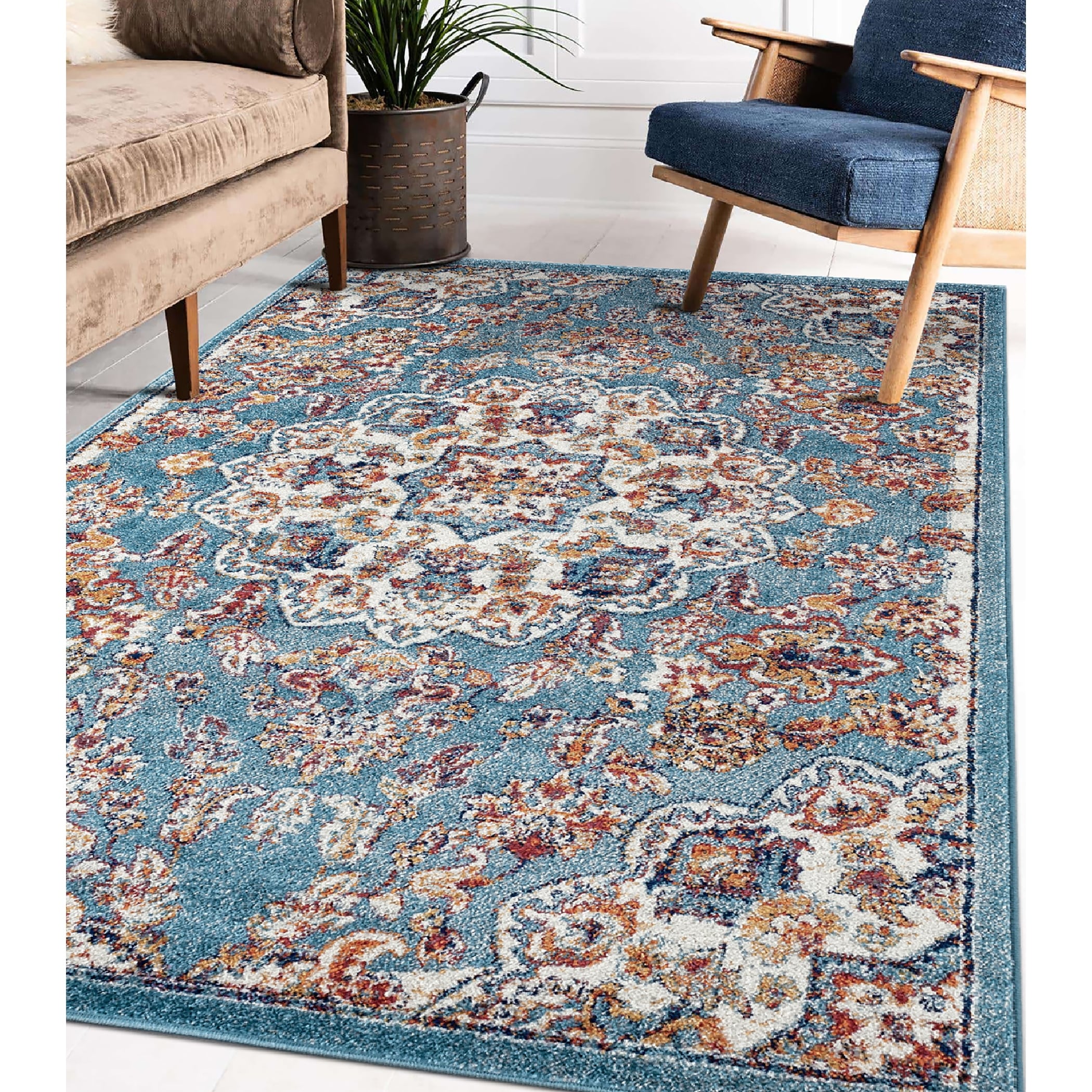 Aurelia Vintage Medallion Blue Orange Area Rug 89 X 119