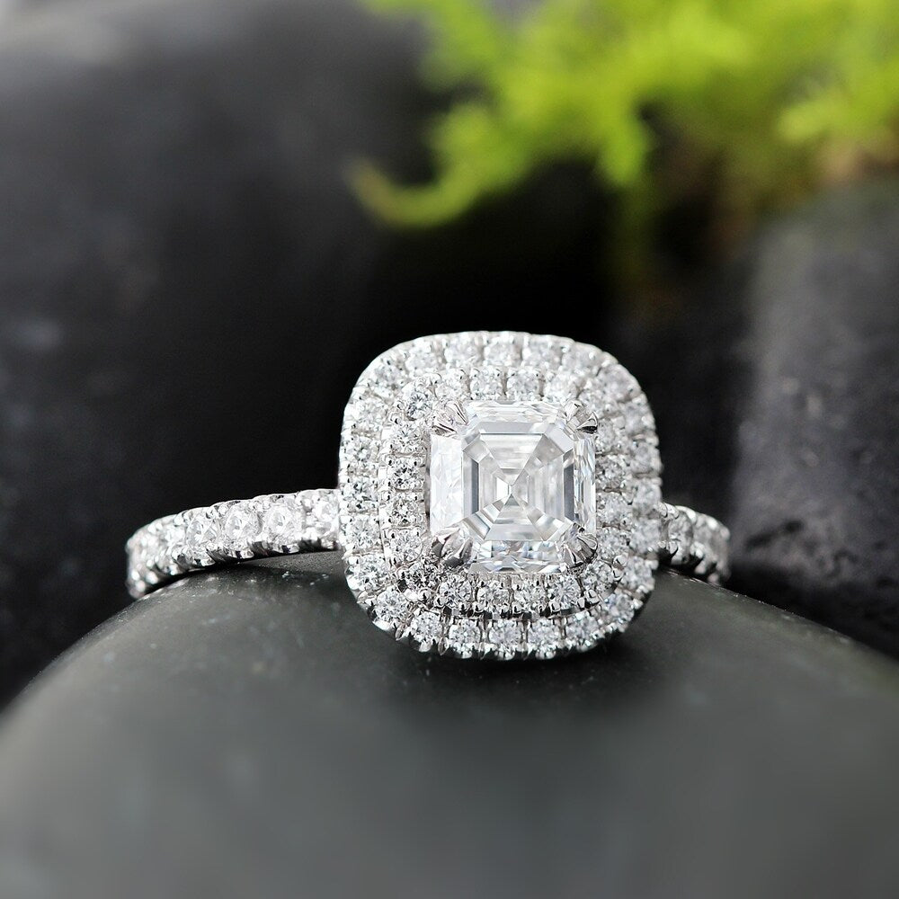 Auriya 1 3 4Ctw Double Halo Asscher Cut Diamond Engagement Ring 14K Gold Gia Certified