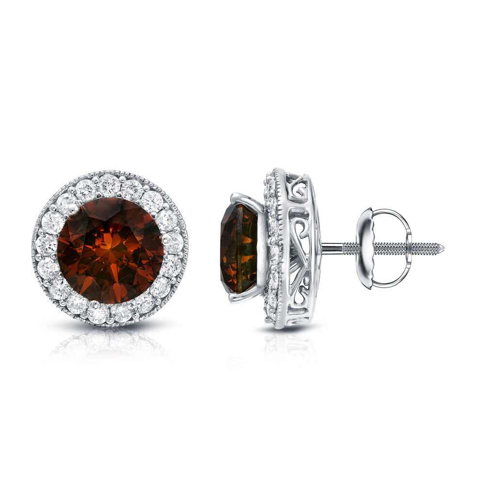 Auriya 14K Gold 5Ct Tdw Vintage Inspired Brown And White Halo Diamond Stud Earrings