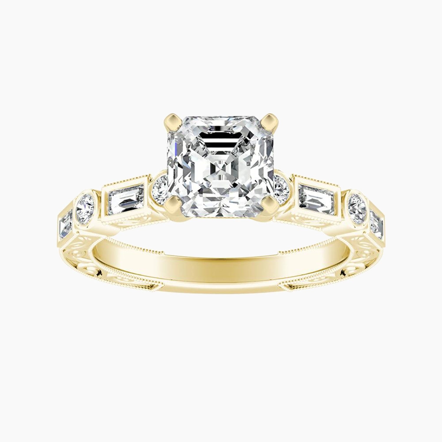 Auriya 14K Gold Lab Grown Diamond Asscher Cut Bezel Multi Shape Art Deco Engraved Engagement Ring 1.32 5.32Ct. Tw. F G Vs