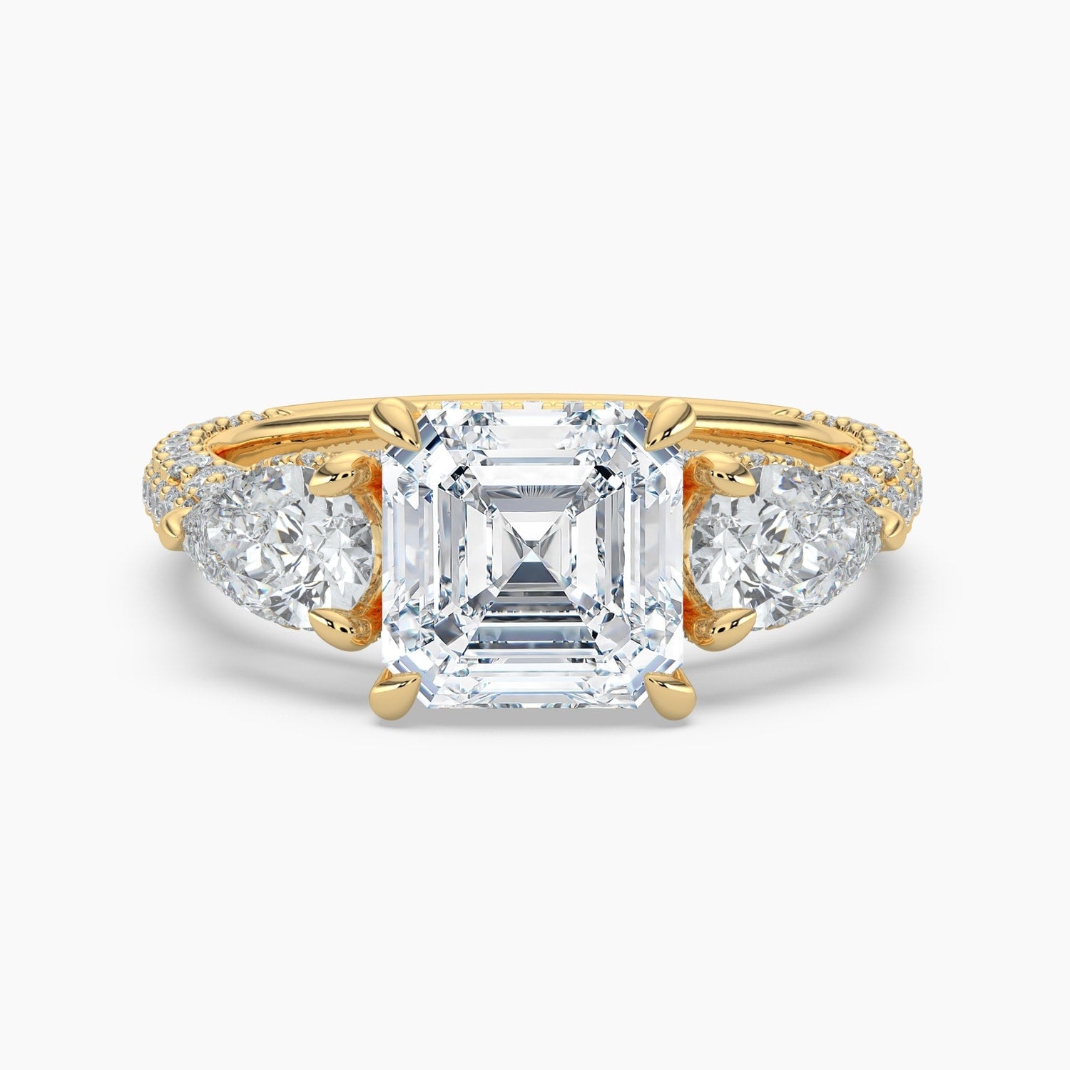 Auriya 14K Gold Lab Grown Diamond Asscher Cut Luxe Three Stone Pear Accent Engagement Ring 2.85 6.85Ct. Tw. F G Vs